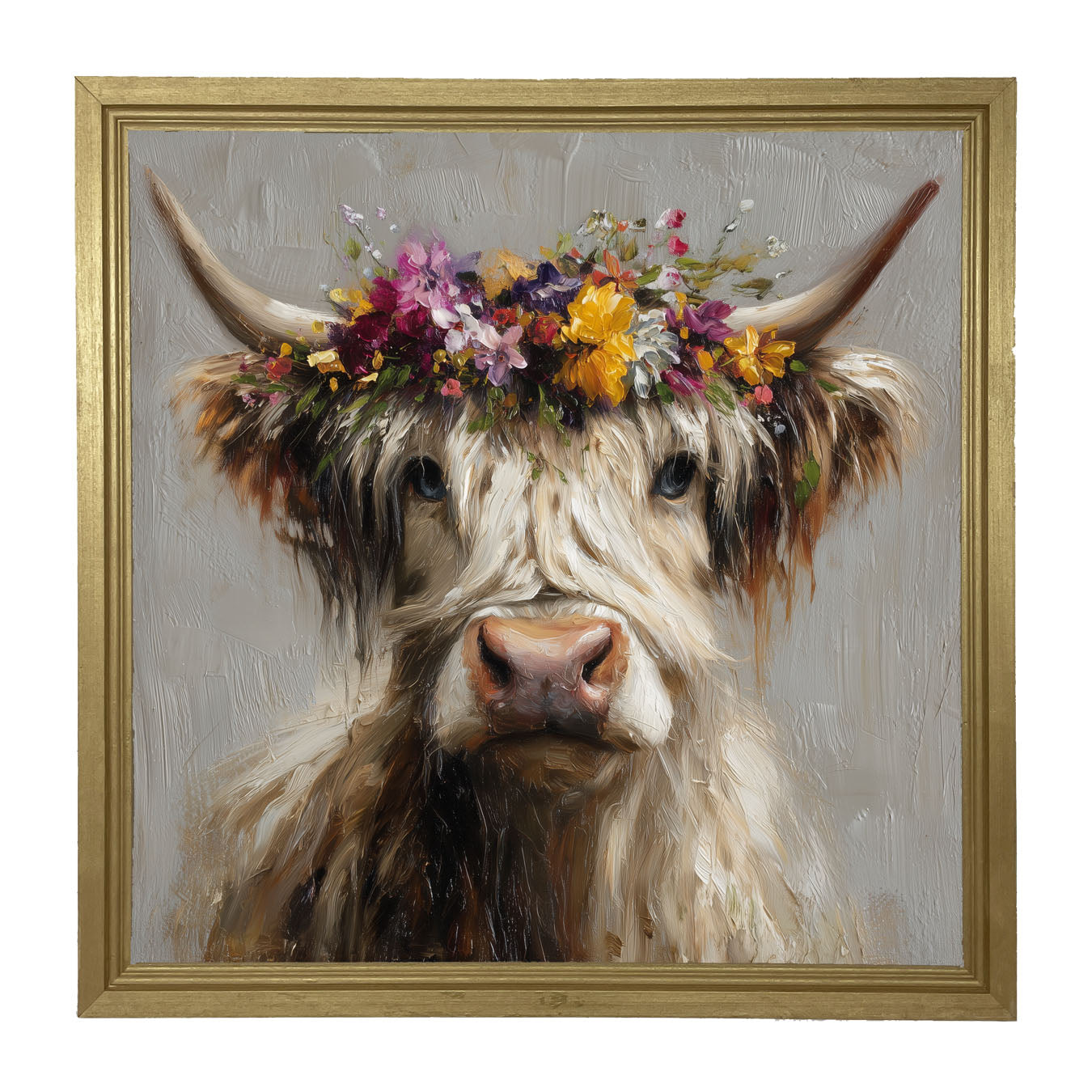 Spring Season Highland Cow with Floral Crown - Framed Art
