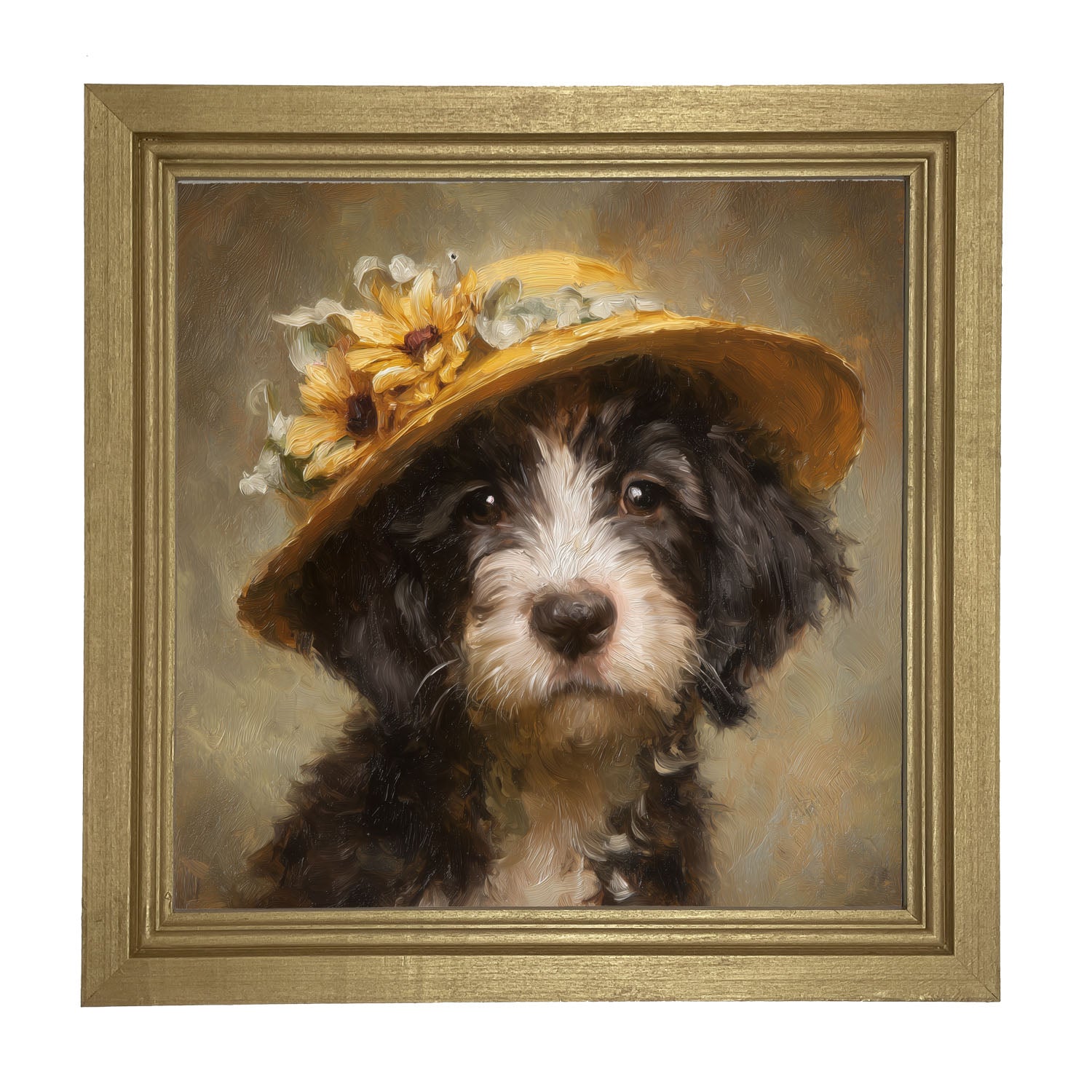 Dog in Yellow Floral Hat - Framed Art