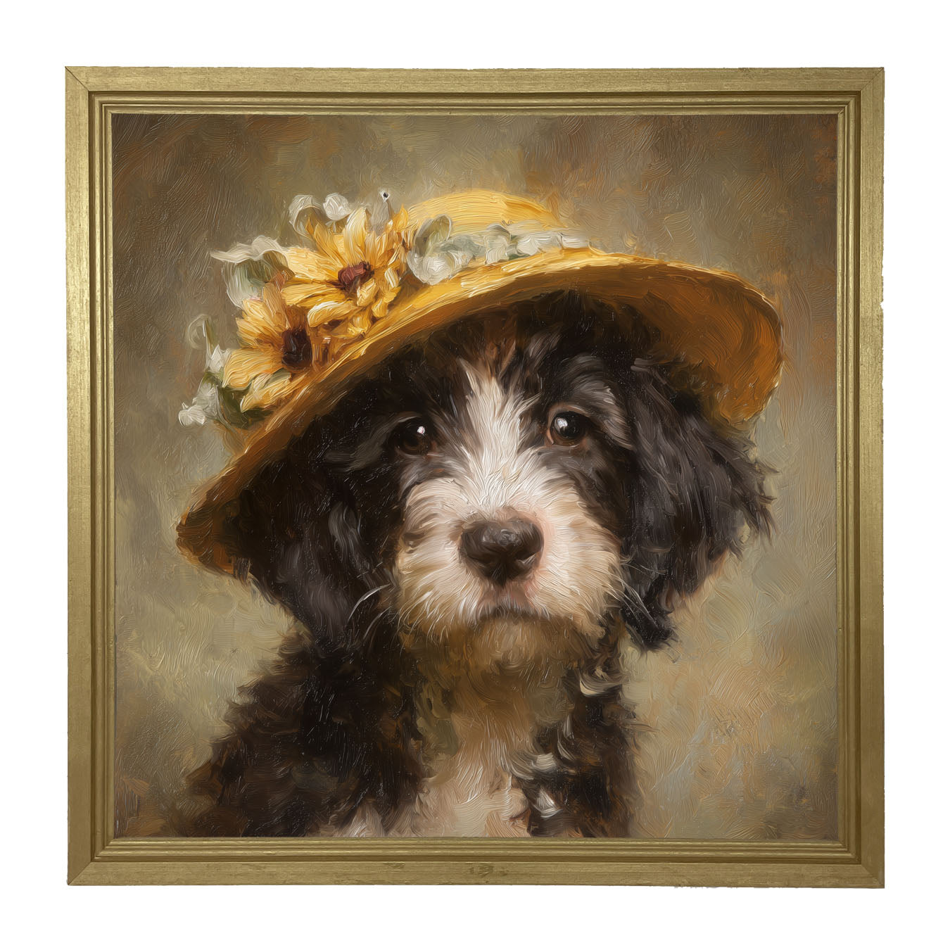 Dog in Yellow Floral Hat - Framed Art