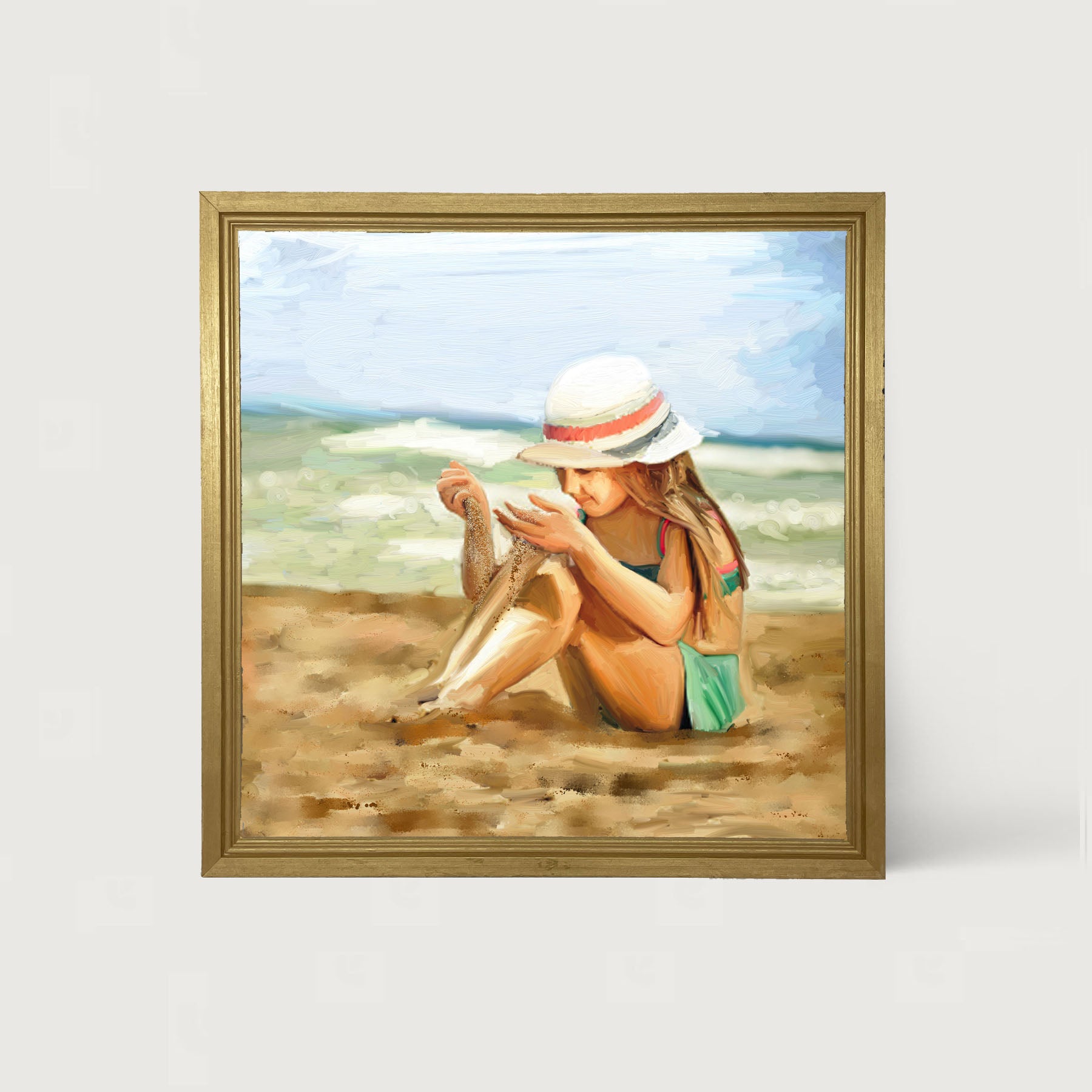 Girl Playing in Sand - Framed art