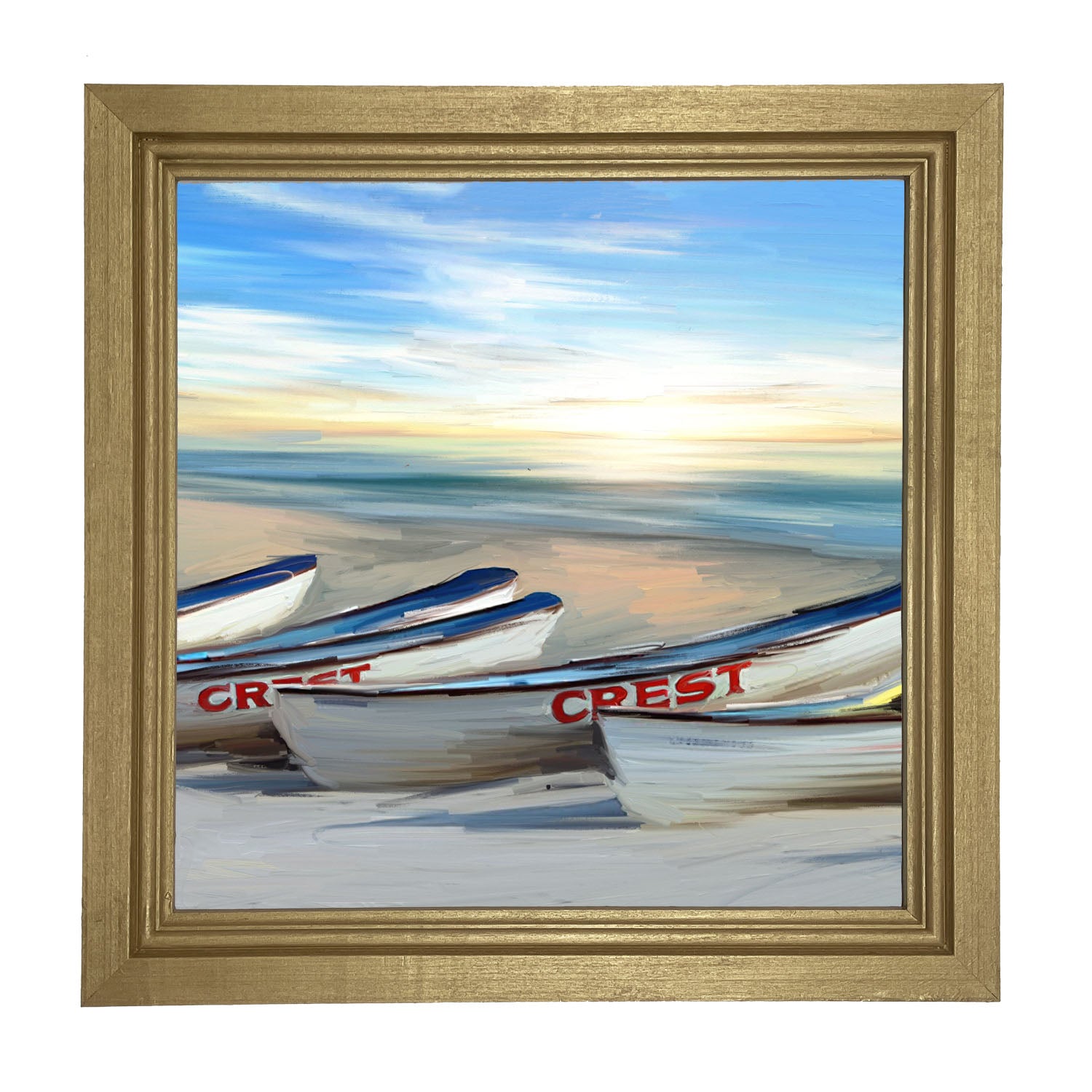 Crest Rowing Boats on Jersey Shore - Framed art