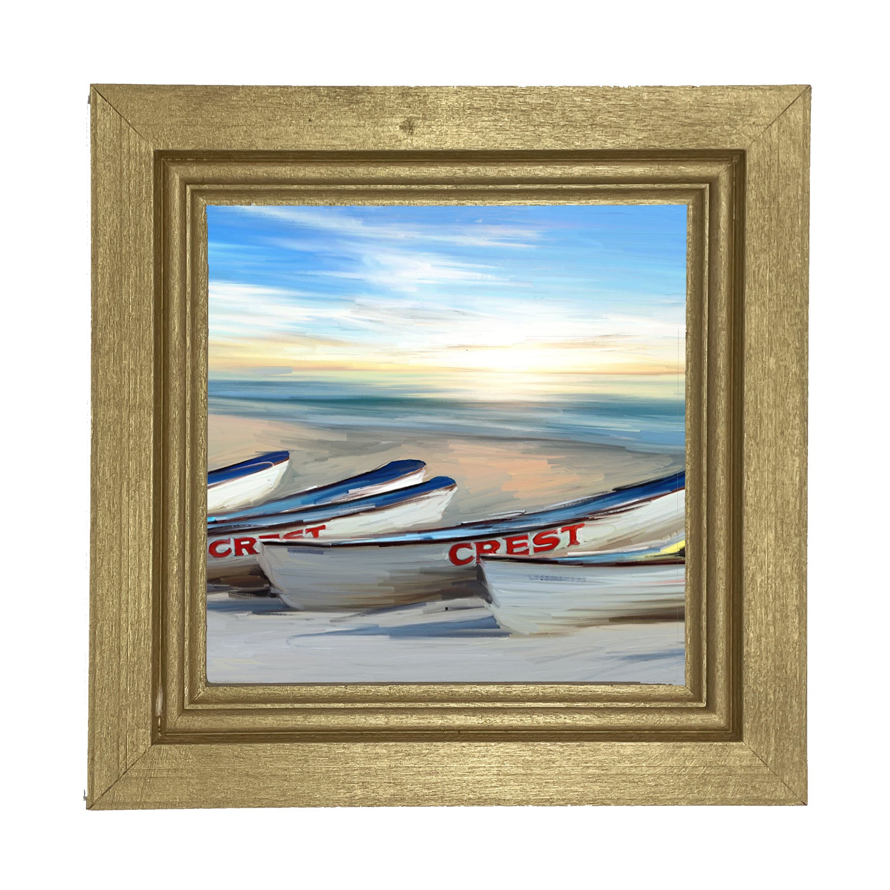 Crest Rowing Boats on Jersey Shore - Framed art