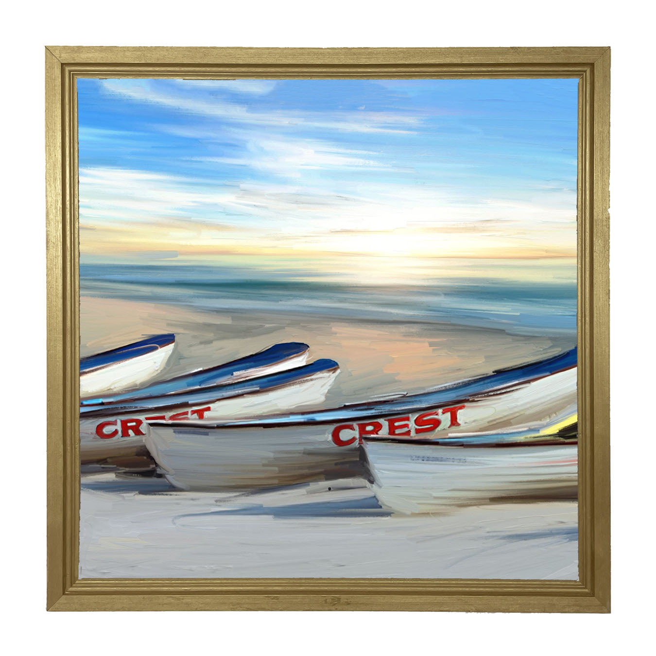 Crest Rowing Boats on Jersey Shore - Framed art