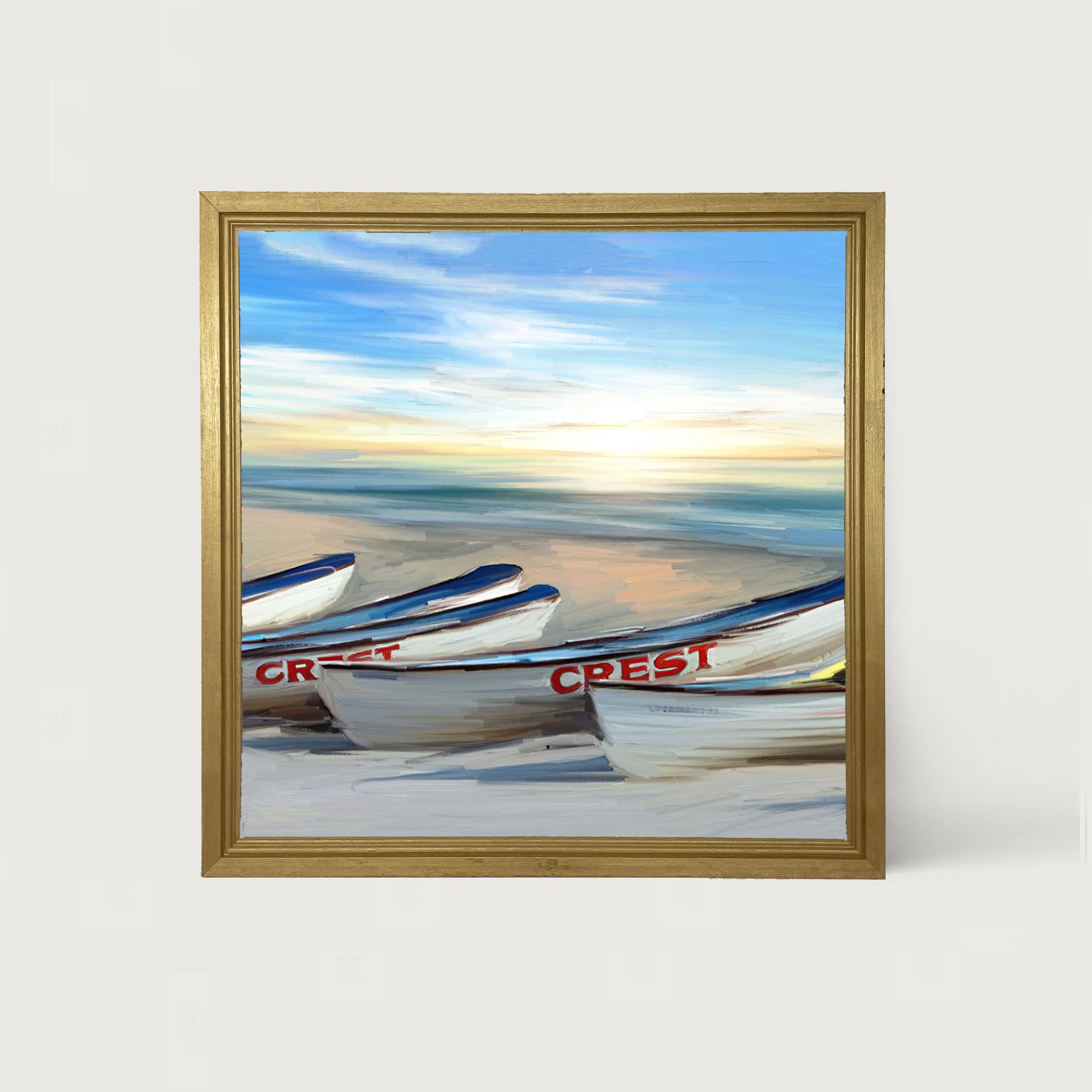 Crest Rowing Boats on Jersey Shore - Framed art