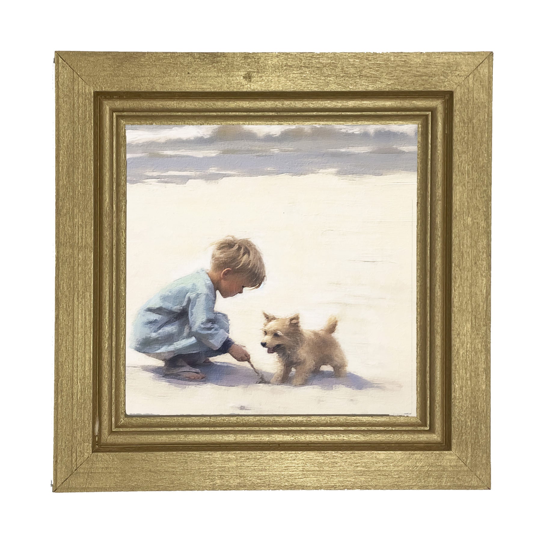 Boy with dog on beach - Framed art