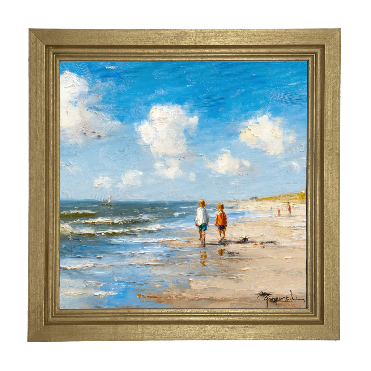 Children walking along the shore - Framed Art