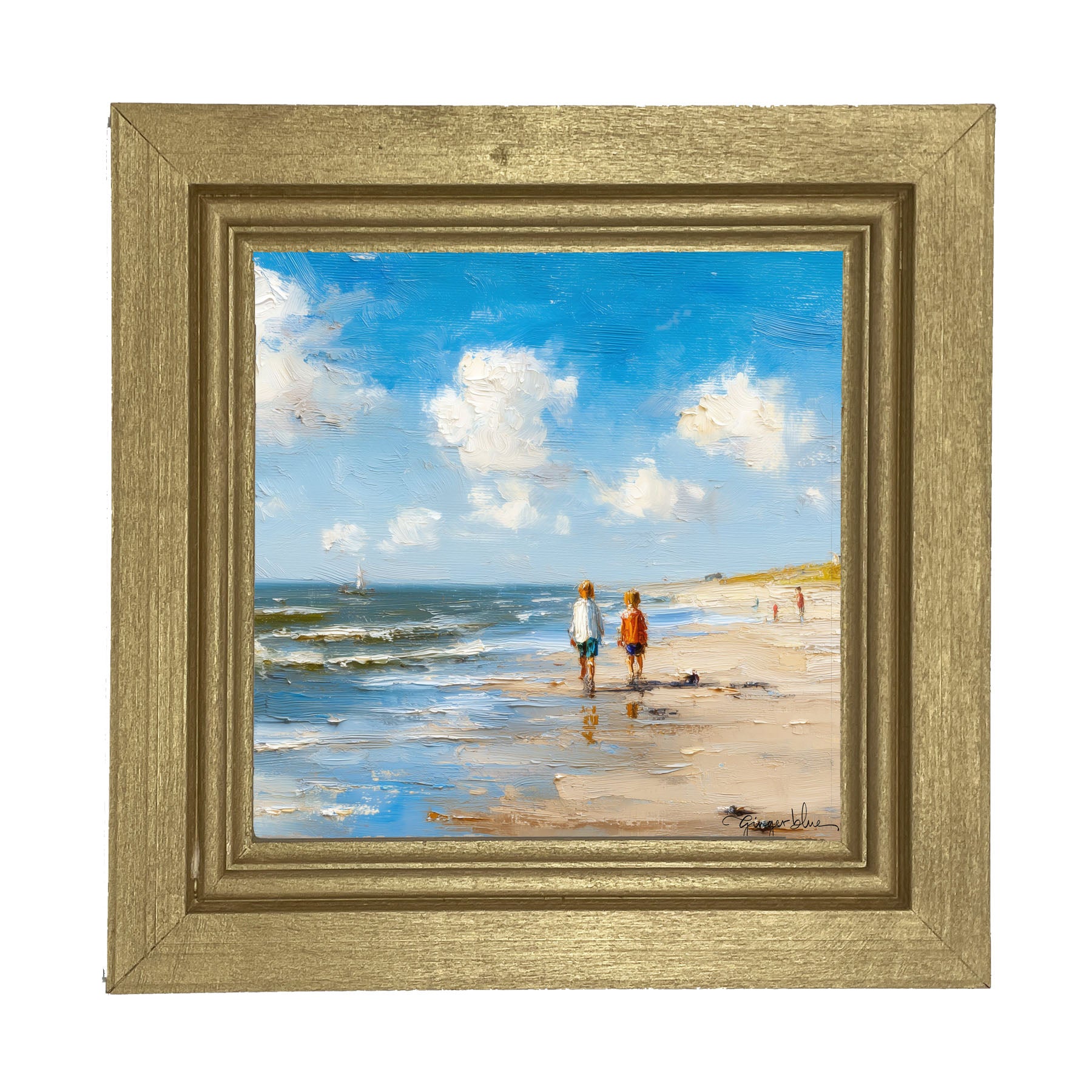 Children walking along the shore - Framed Art