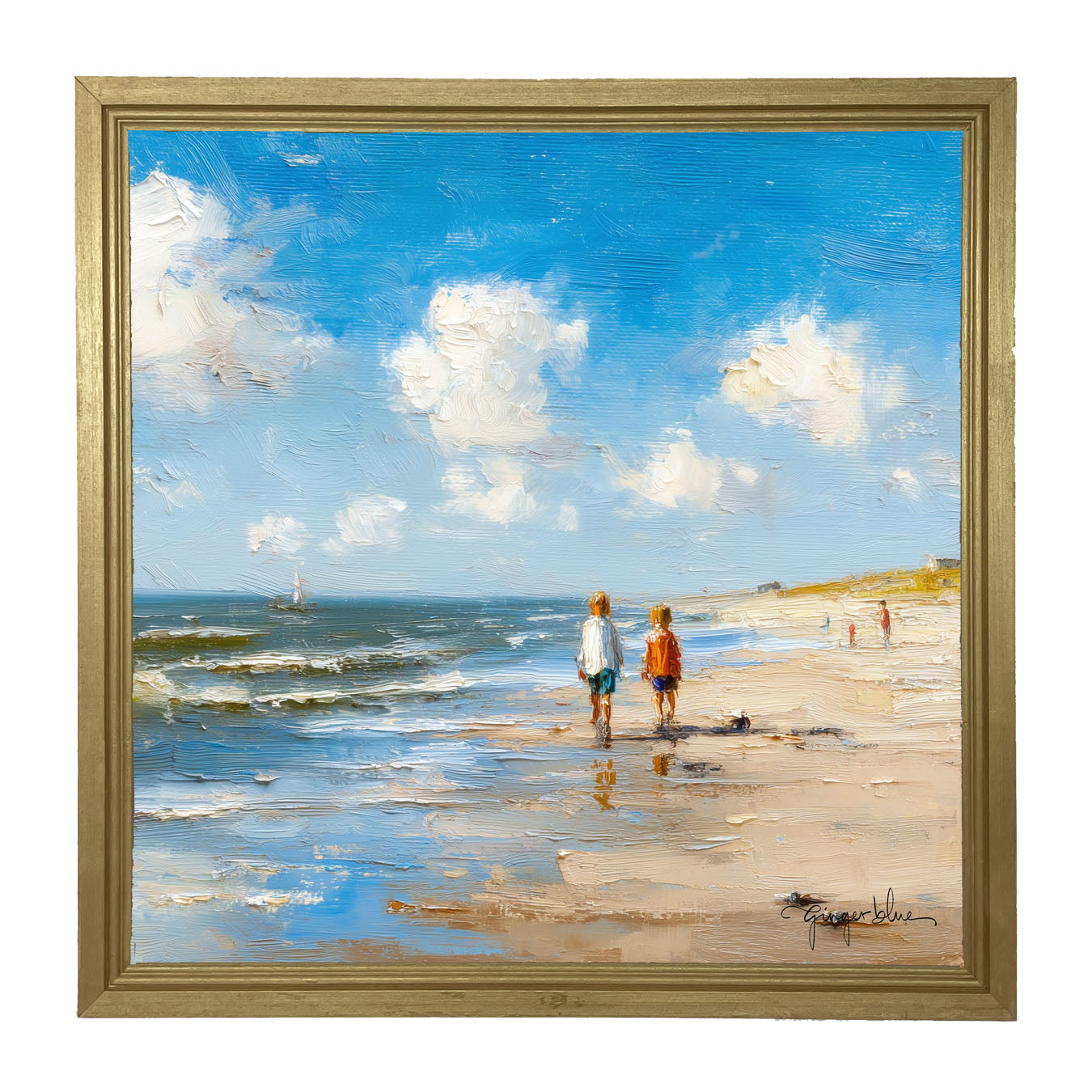 Children walking along the shore - Framed Art