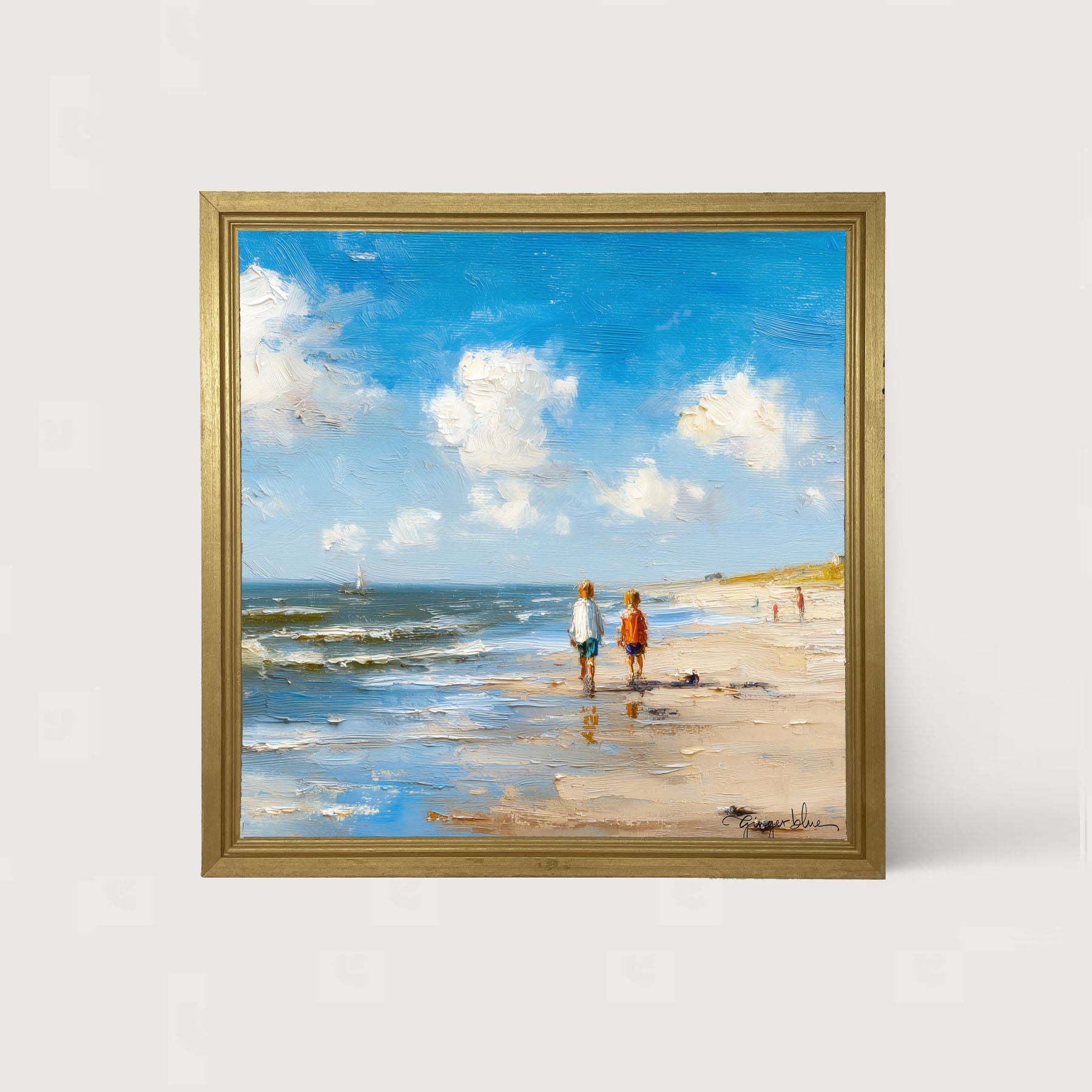 Children walking along the shore - Framed Art