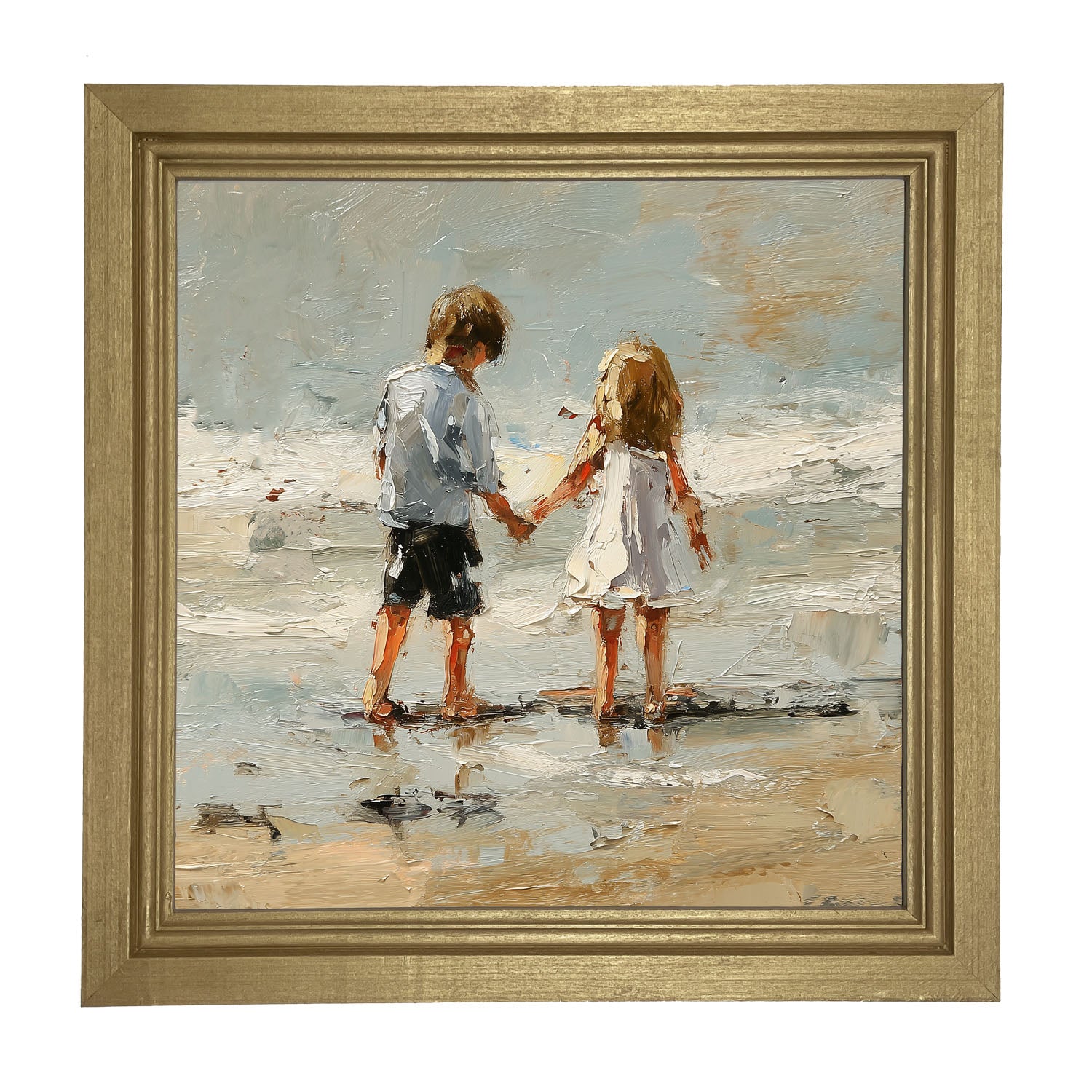 Children walking along Beach - Framed Art