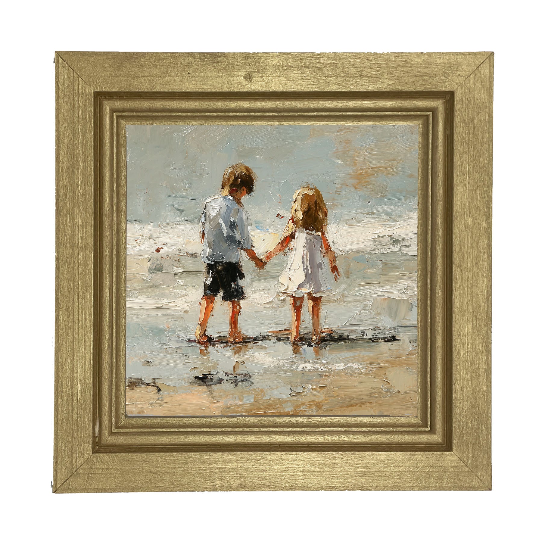 Children walking along Beach - Framed Art