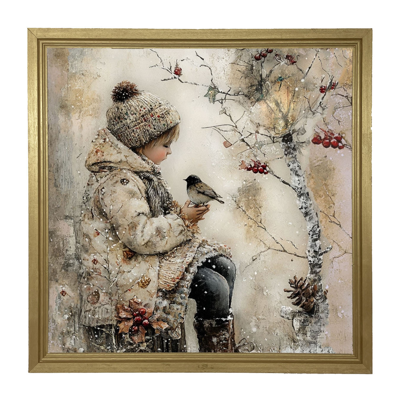 Winter Girl with bird - Framed Art