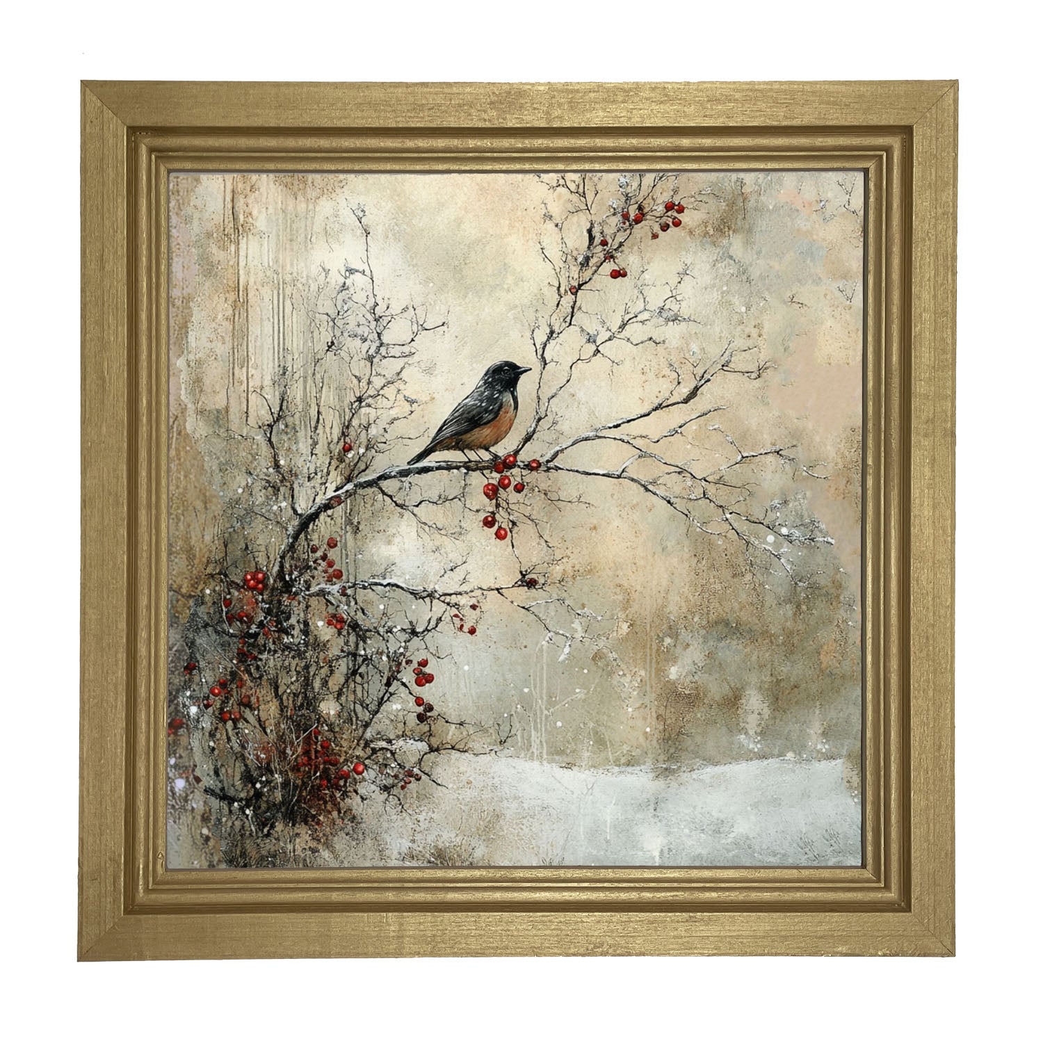Bird on Berry Branch - Framed Art