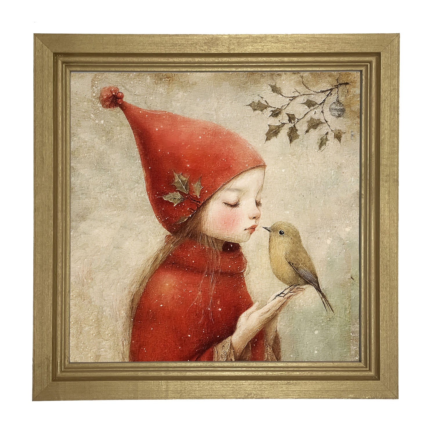 Christmas girl with bird - Framed Art