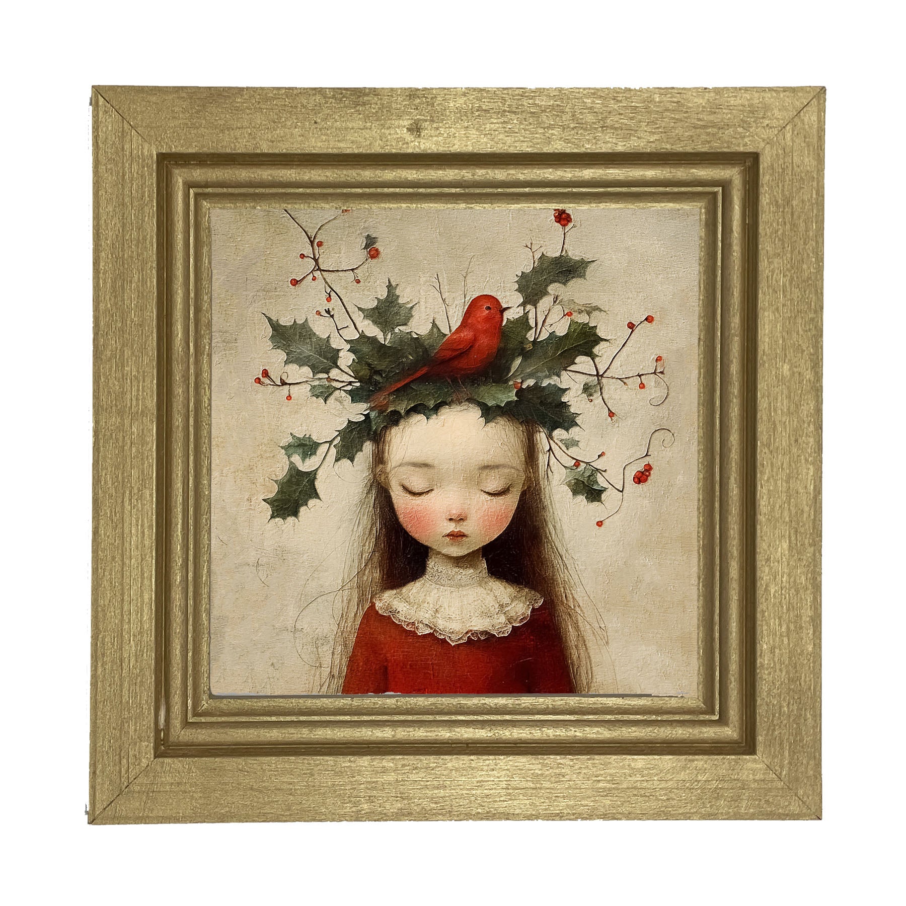 Christmas Girl with Cardinal - Framed Art