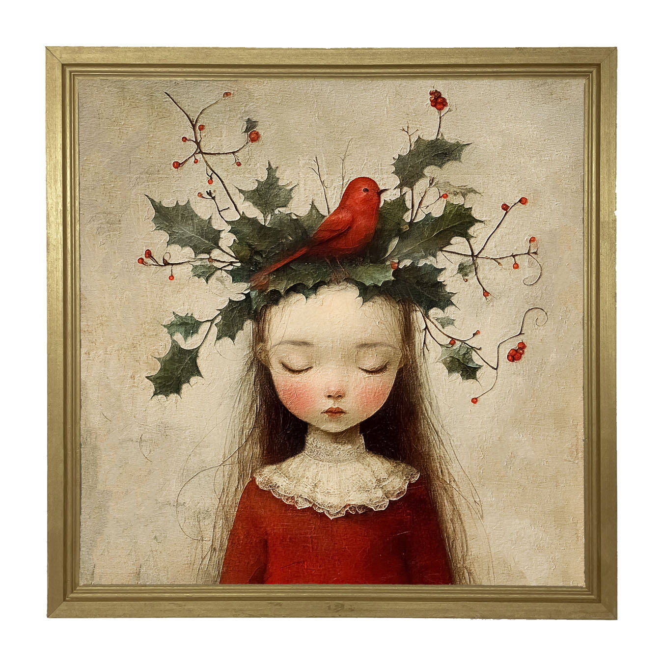 Christmas Girl with Cardinal - Framed Art