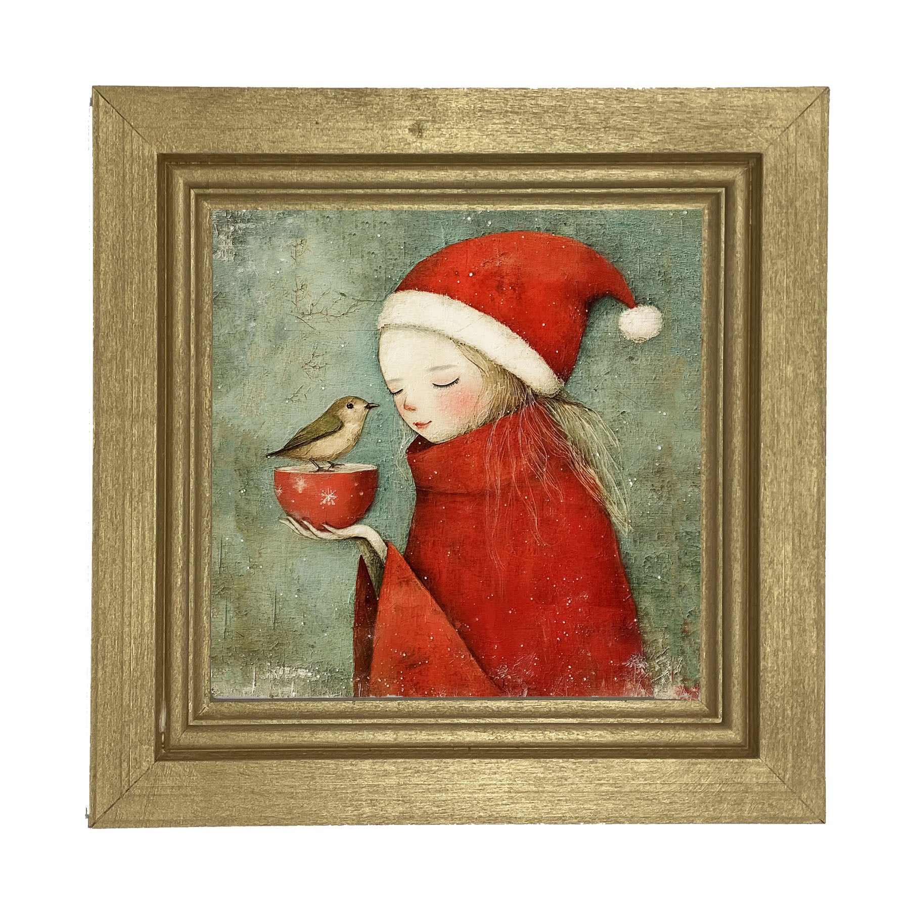 Rustic Christmas girl and bird - Framed Art