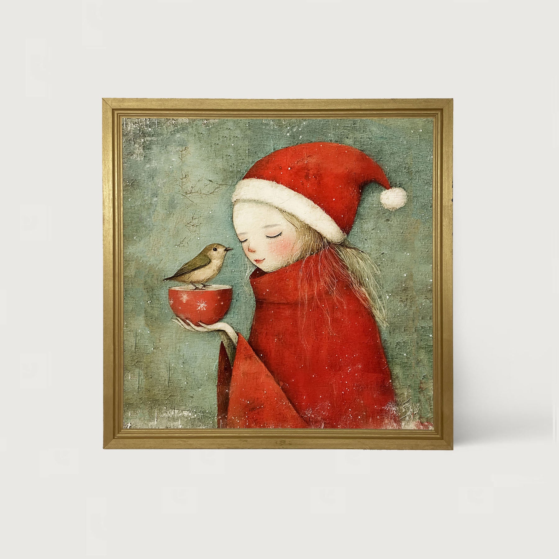 Rustic Christmas girl and bird - Framed Art