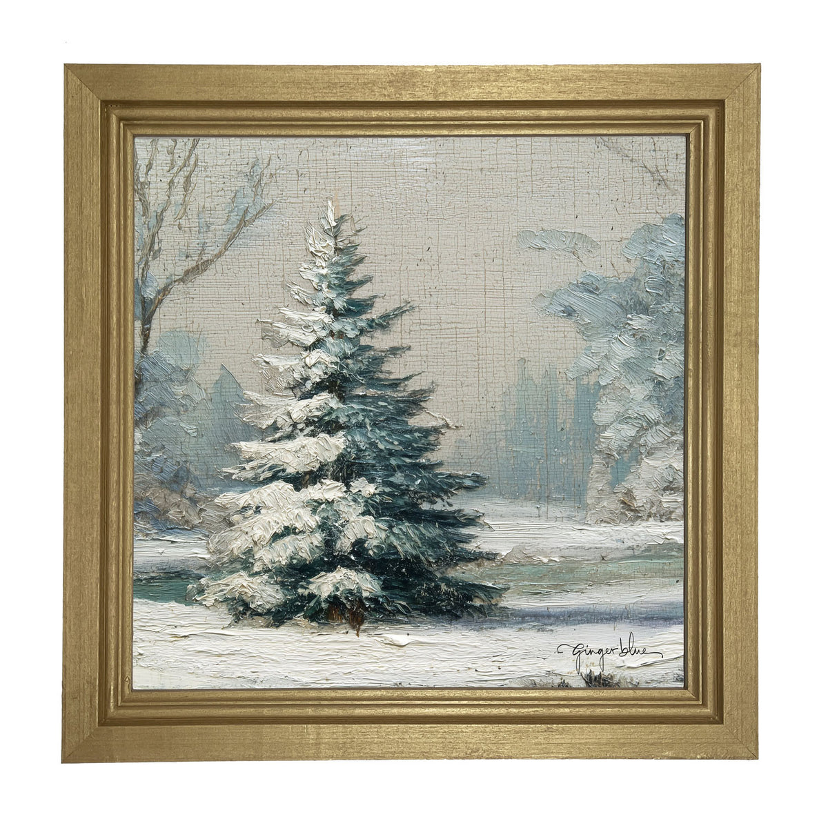 Snowy Pine near Pond - Framed Art