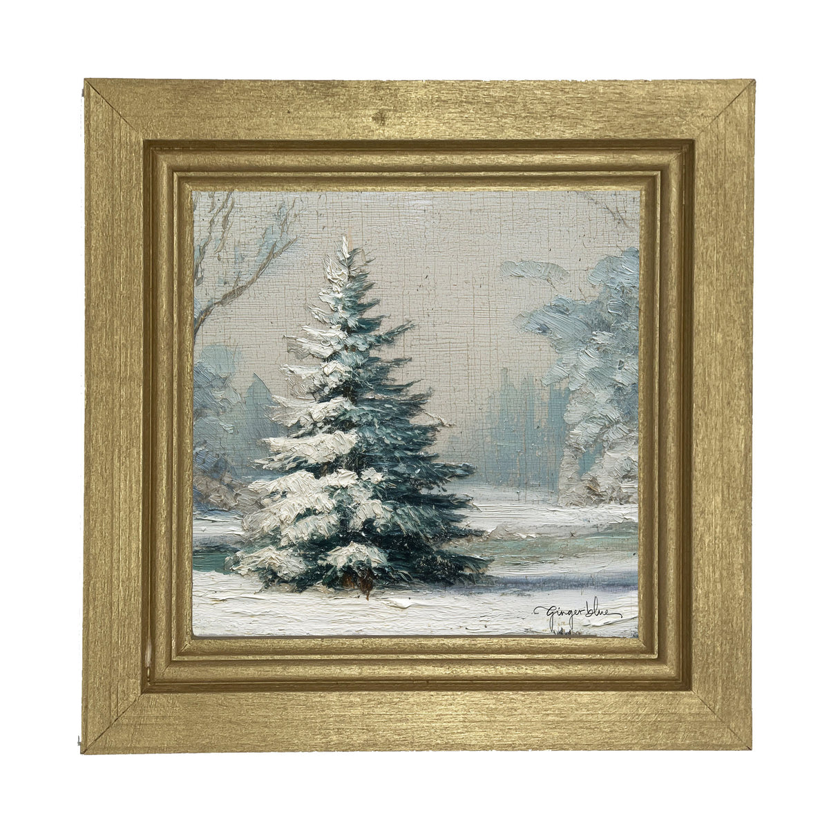Snowy Pine near Pond - Framed Art
