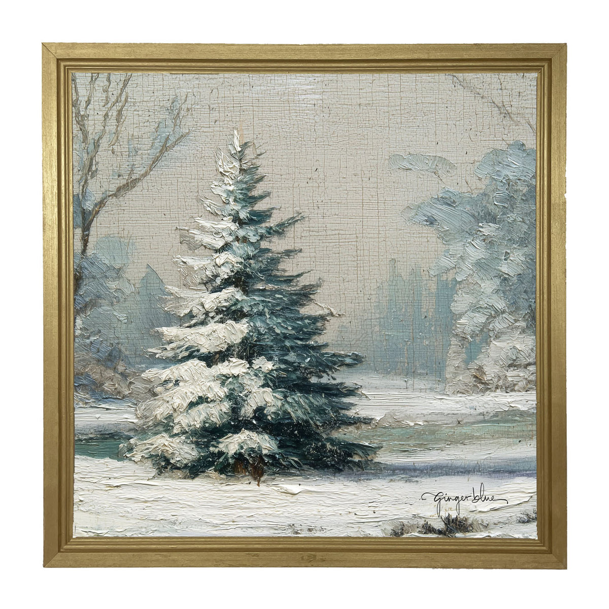 Snowy Pine near Pond - Framed Art
