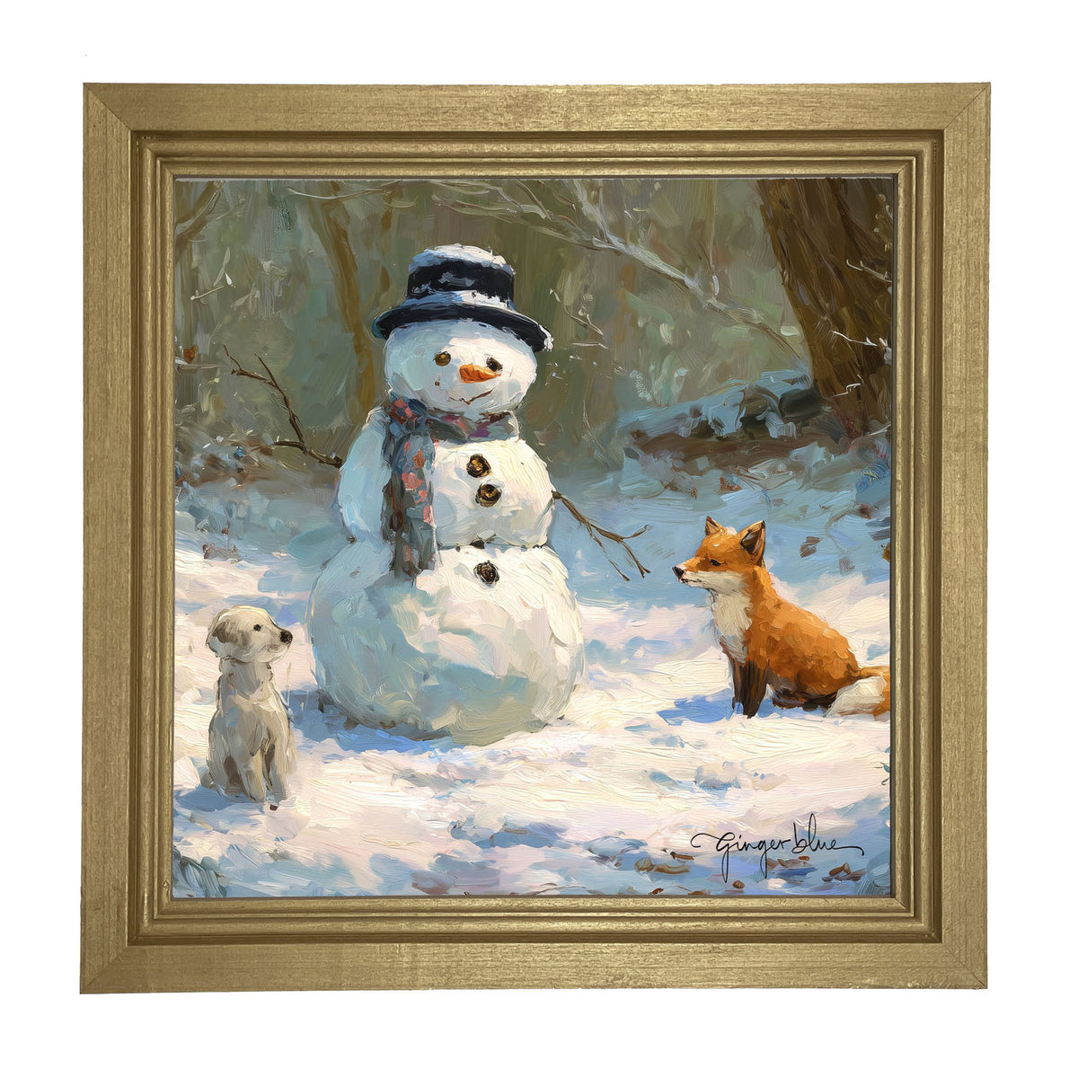Snowman with Dog and Fox - Framed Art