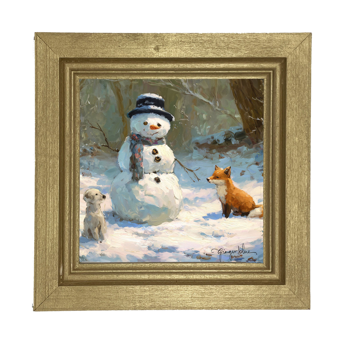 Snowman with Dog and Fox - Framed Art