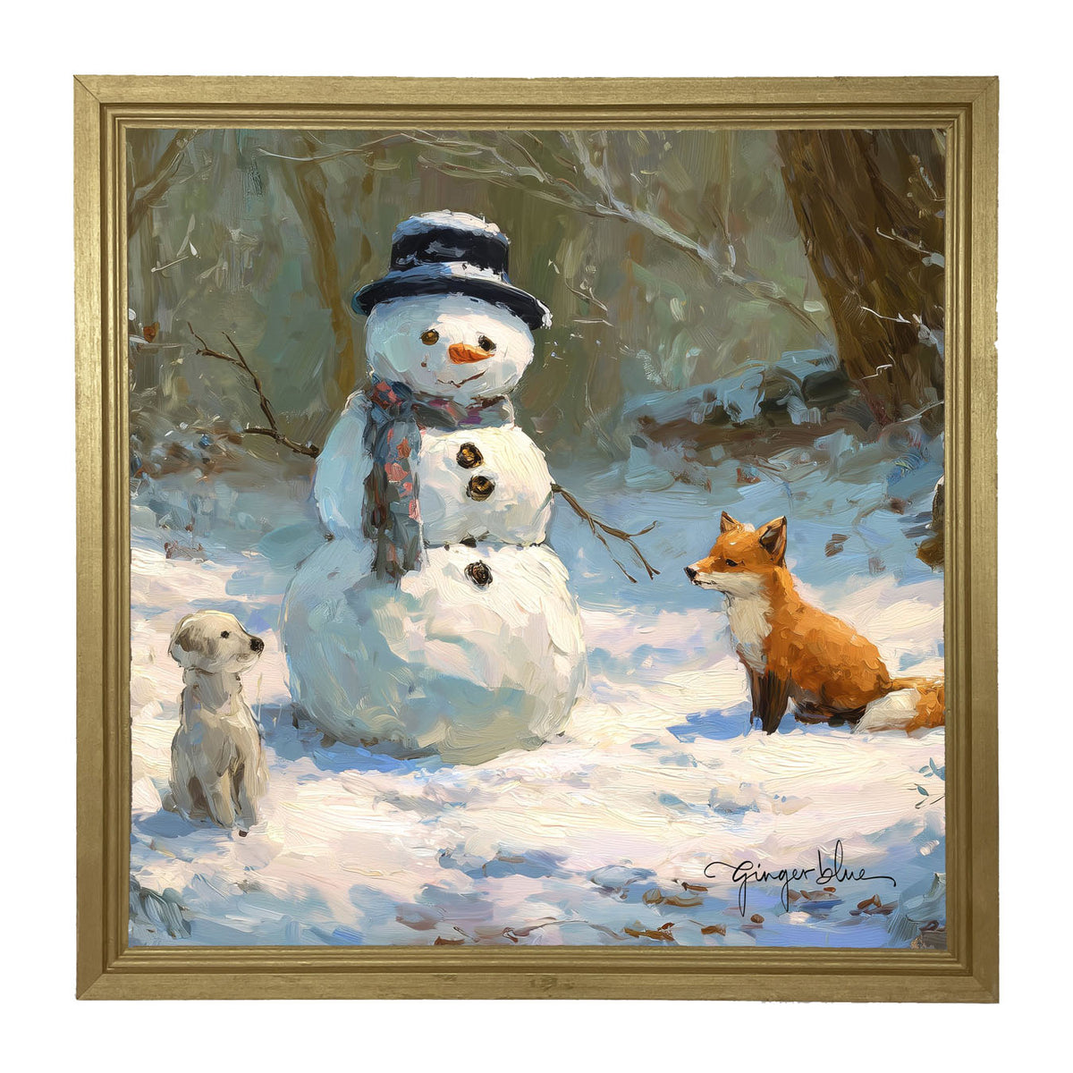 Snowman with Dog and Fox - Framed Art
