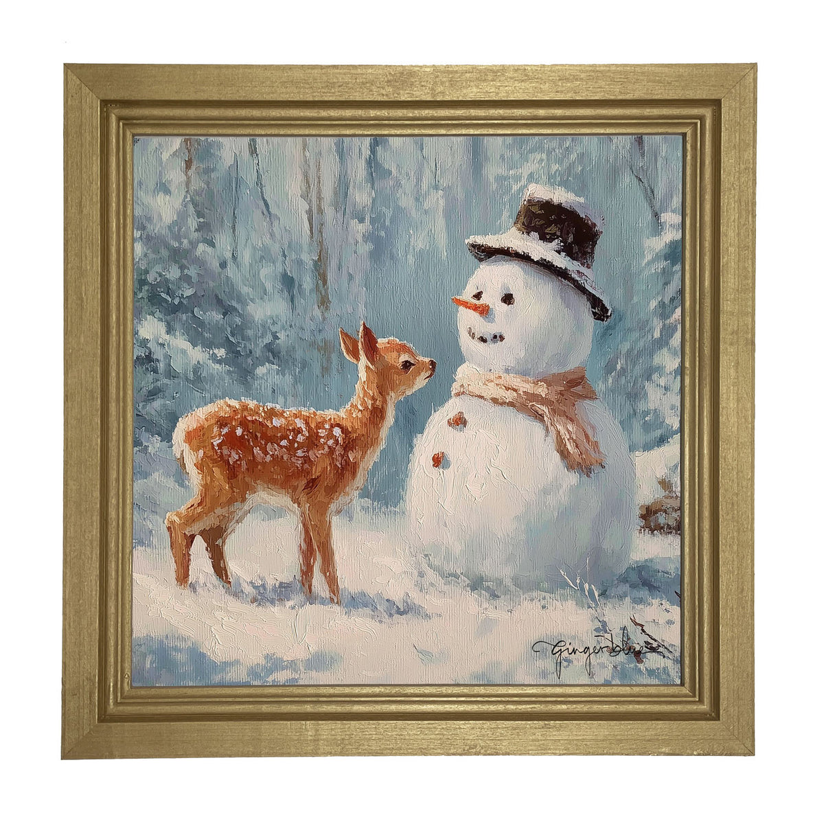 Deer with Snowman Friend - Framed Art