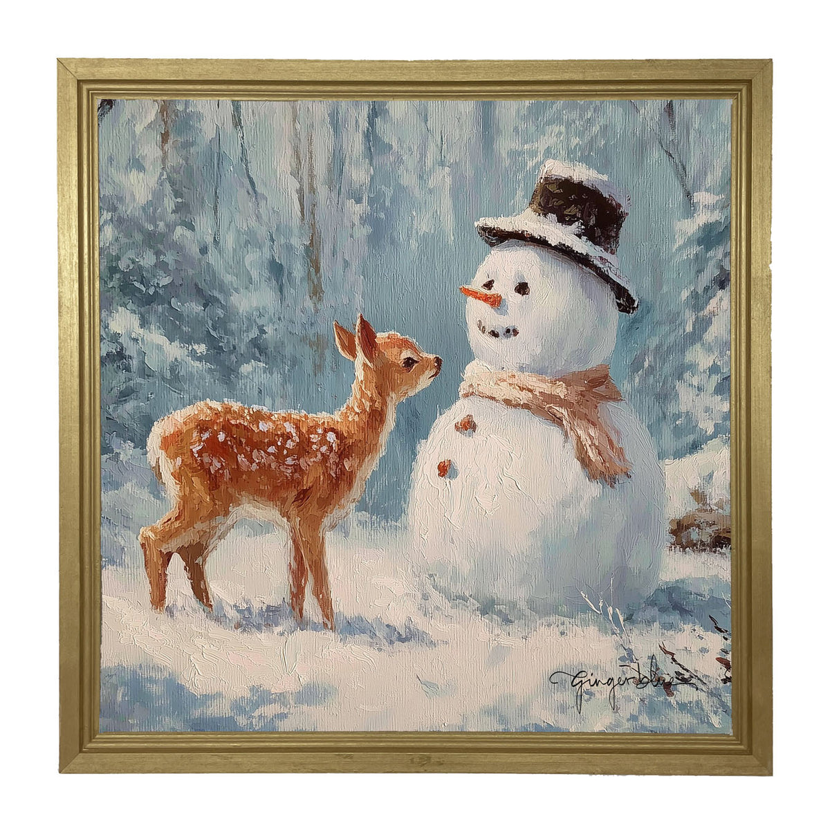 Deer with Snowman Friend - Framed Art