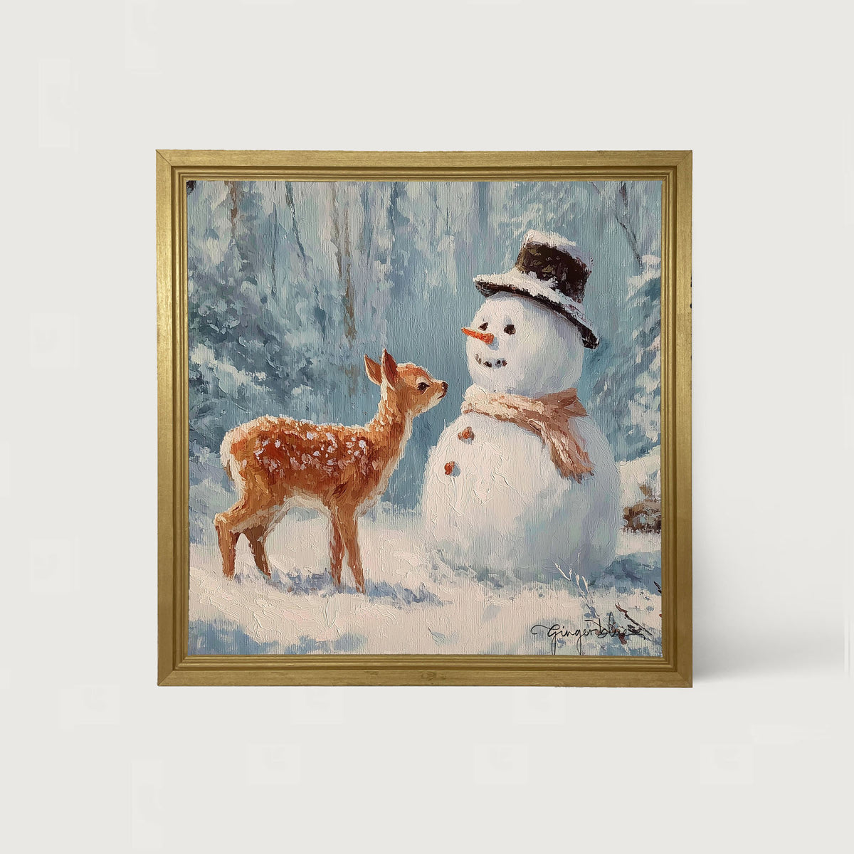 Deer with Snowman Friend - Framed Art