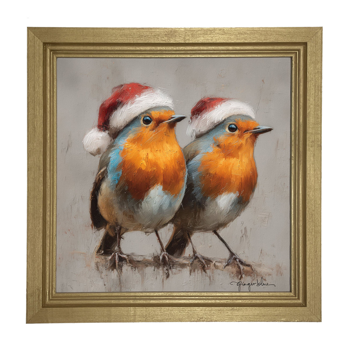 Orange-Breasted Birds in Santa Hats - Framed Art