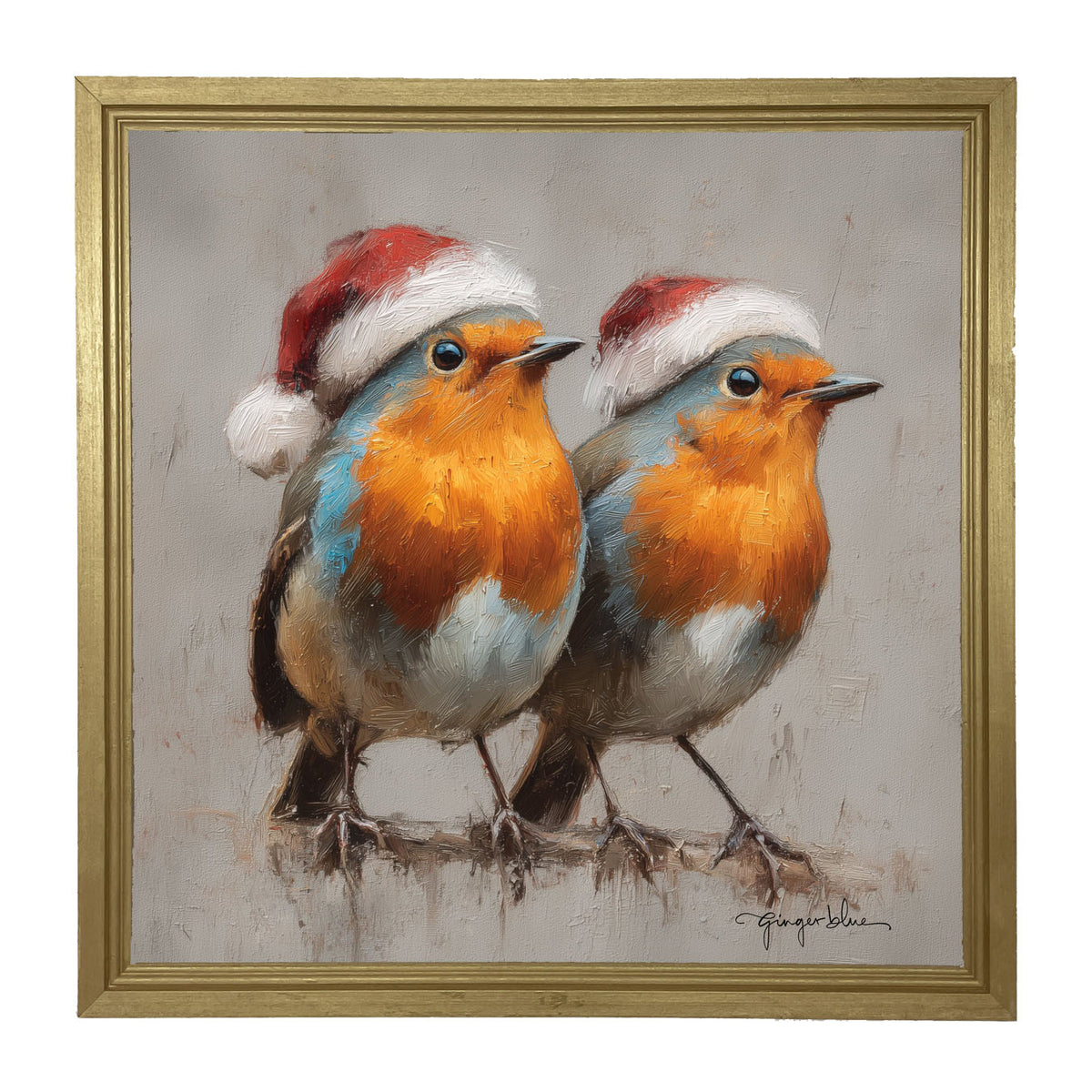 Orange-Breasted Birds in Santa Hats - Framed Art