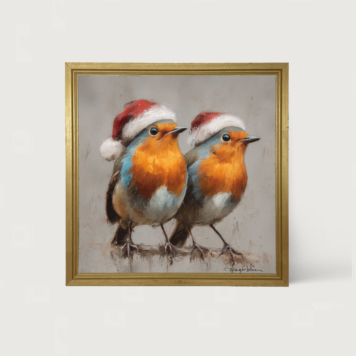 Orange-Breasted Birds in Santa Hats - Framed Art