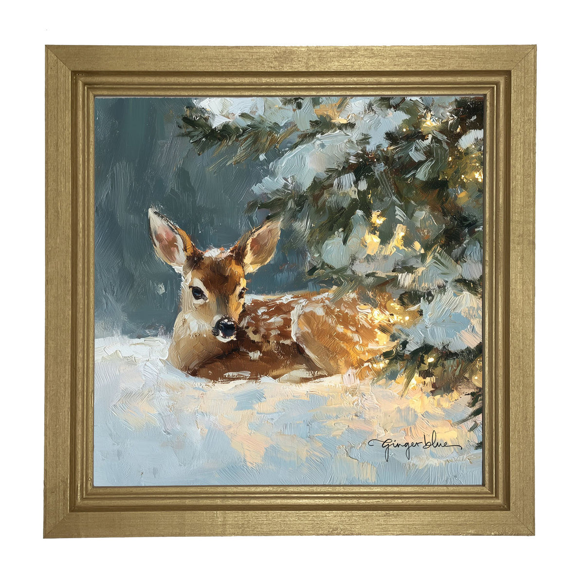 Deer resting near Pine Tree - Framed Art