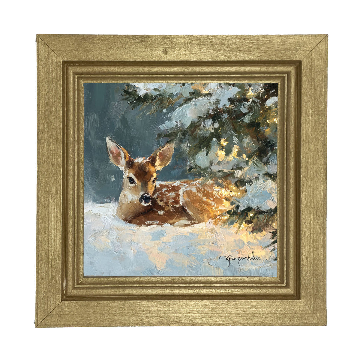 Deer resting near Pine Tree - Framed Art