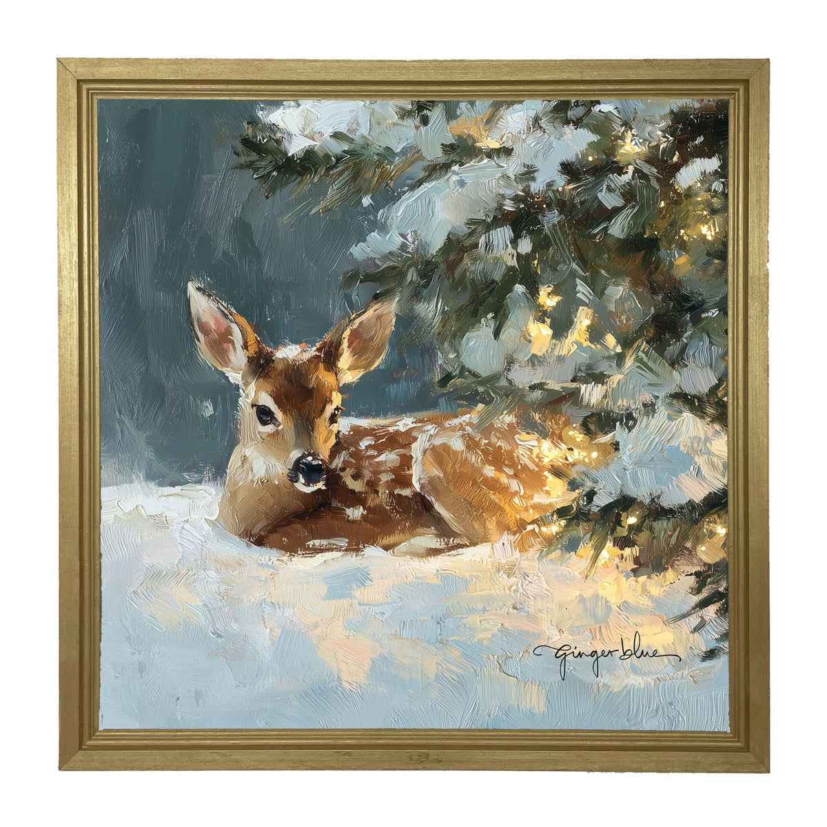 Deer resting near Pine Tree - Framed Art