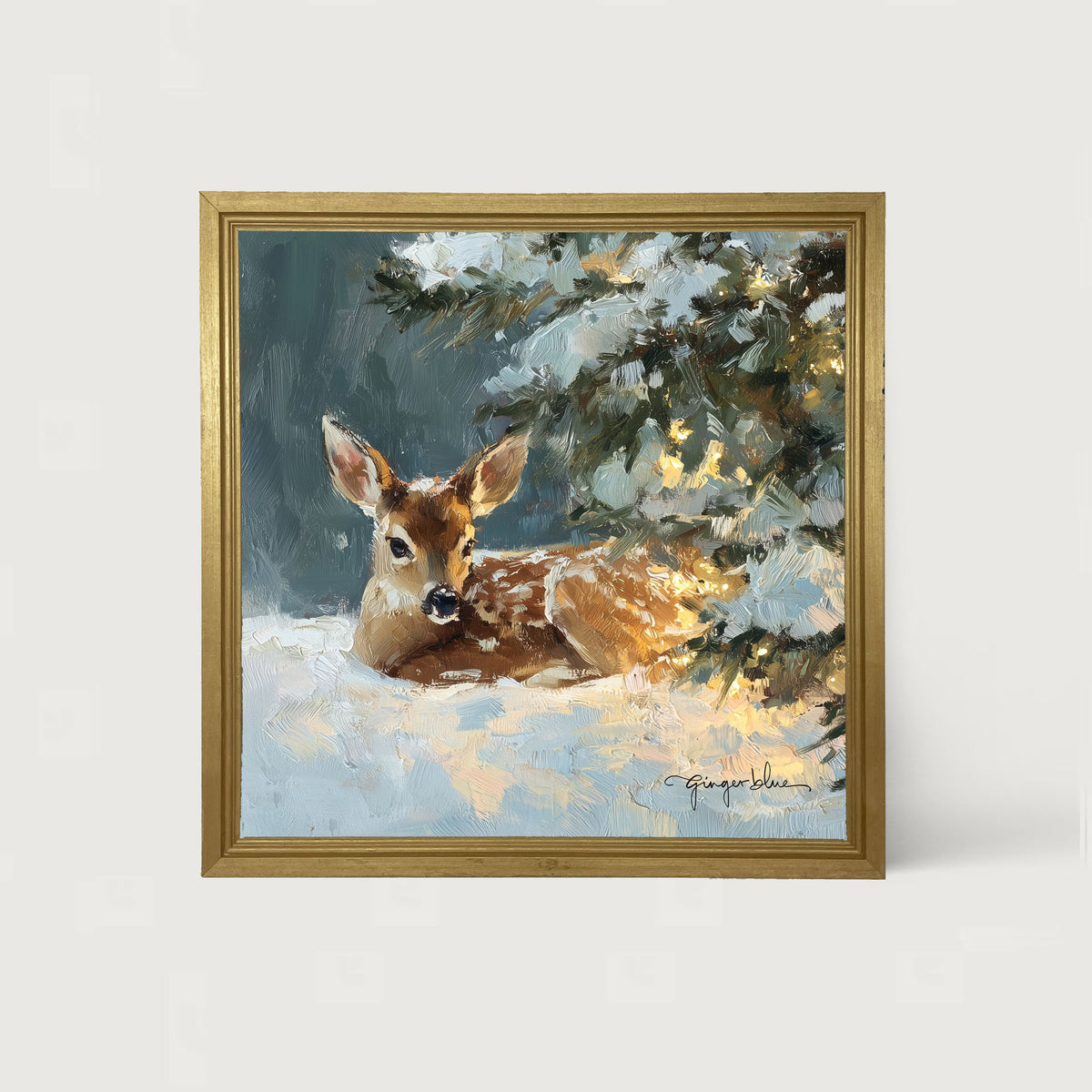 Deer resting near Pine Tree - Framed Art