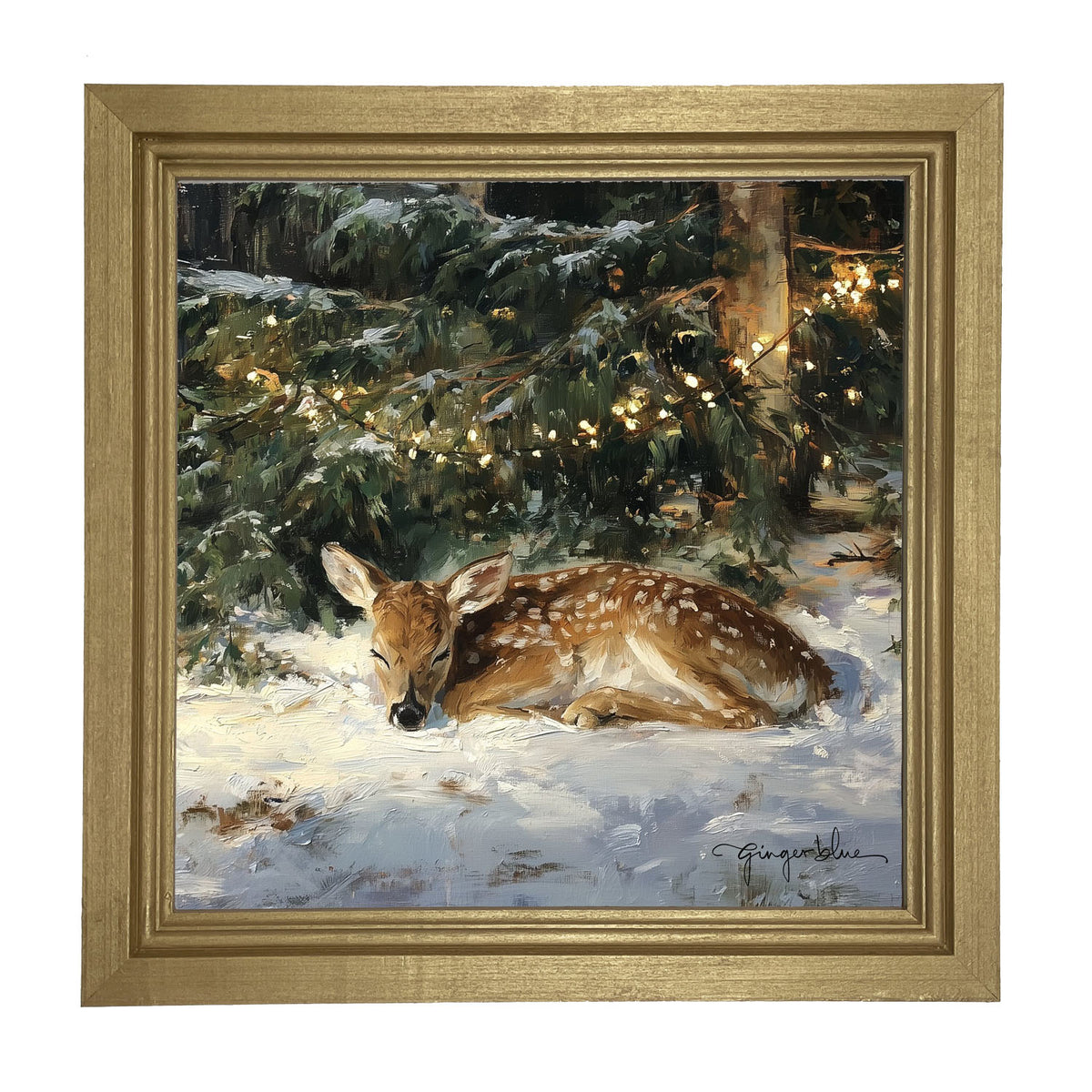 Deer Sleeping under Pine Tree - Framed Art