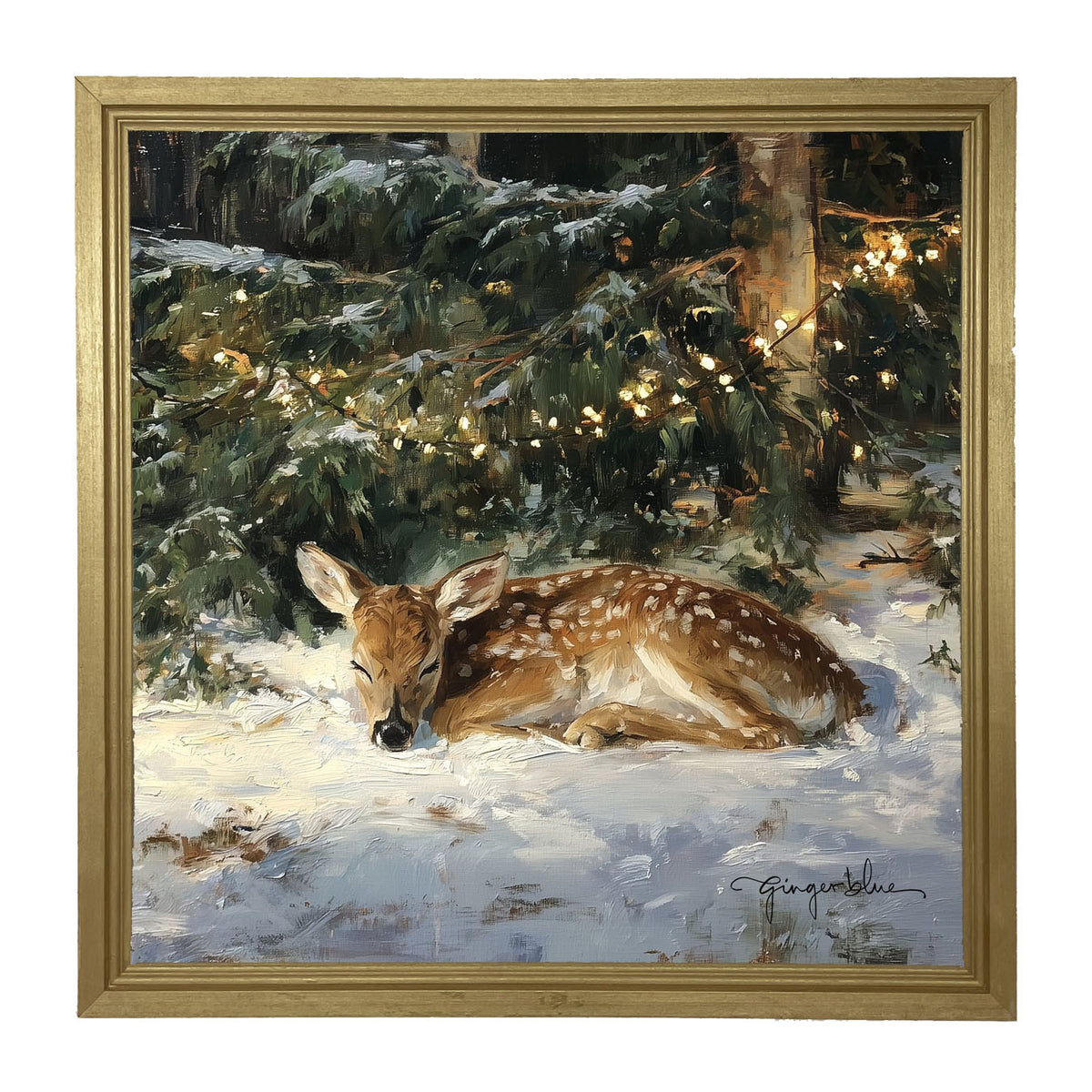 Deer Sleeping under Pine Tree - Framed Art