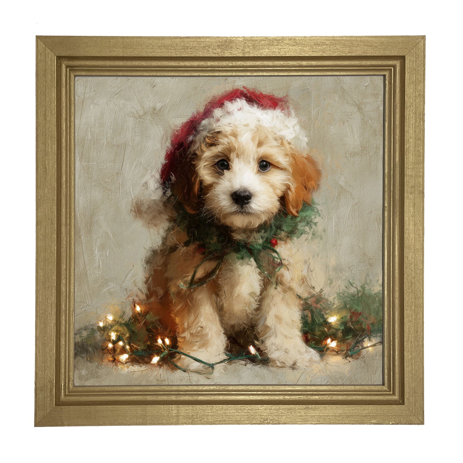Christmas Lights with Furry Tan Dog - Framed art