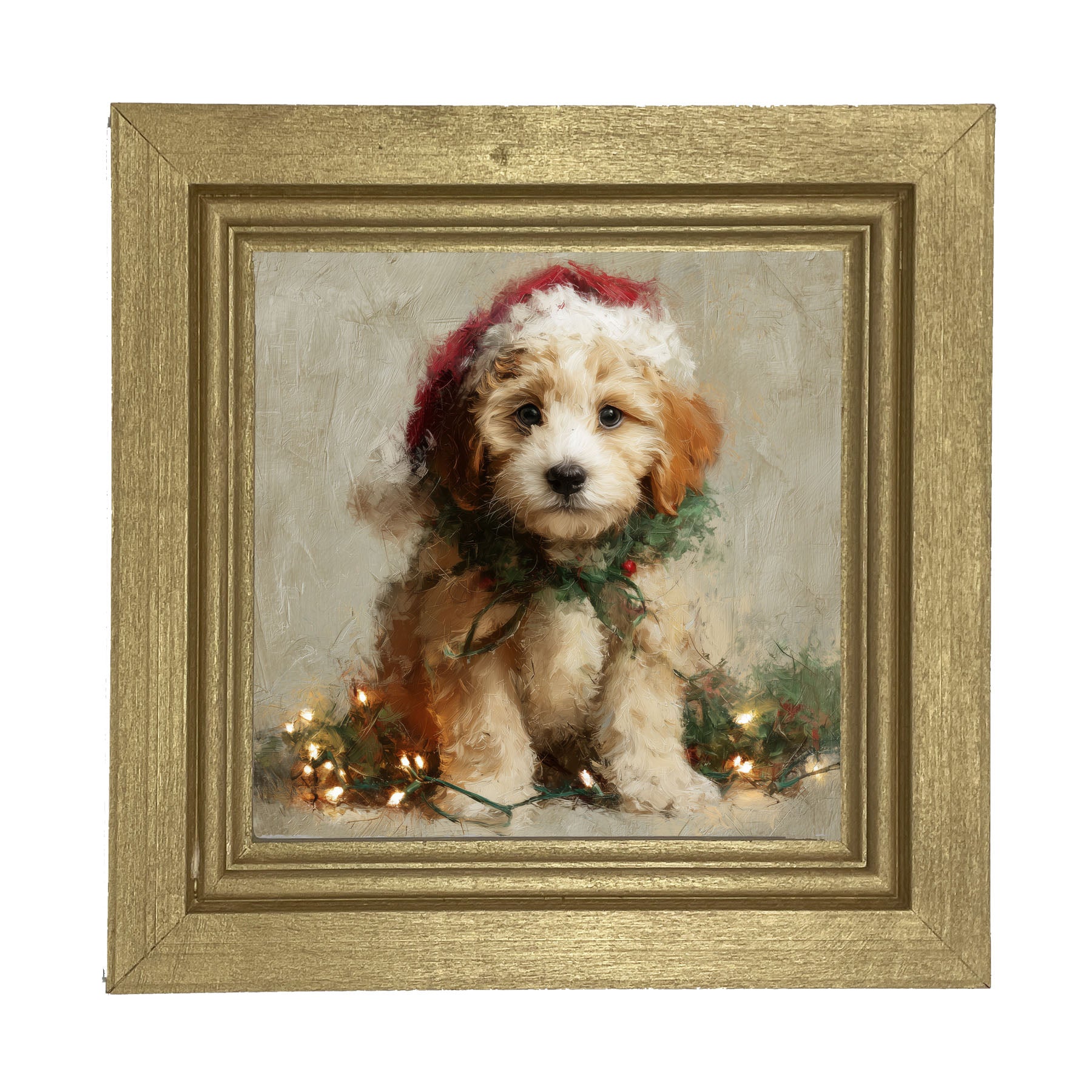 Christmas Lights with Furry Tan Dog - Framed art