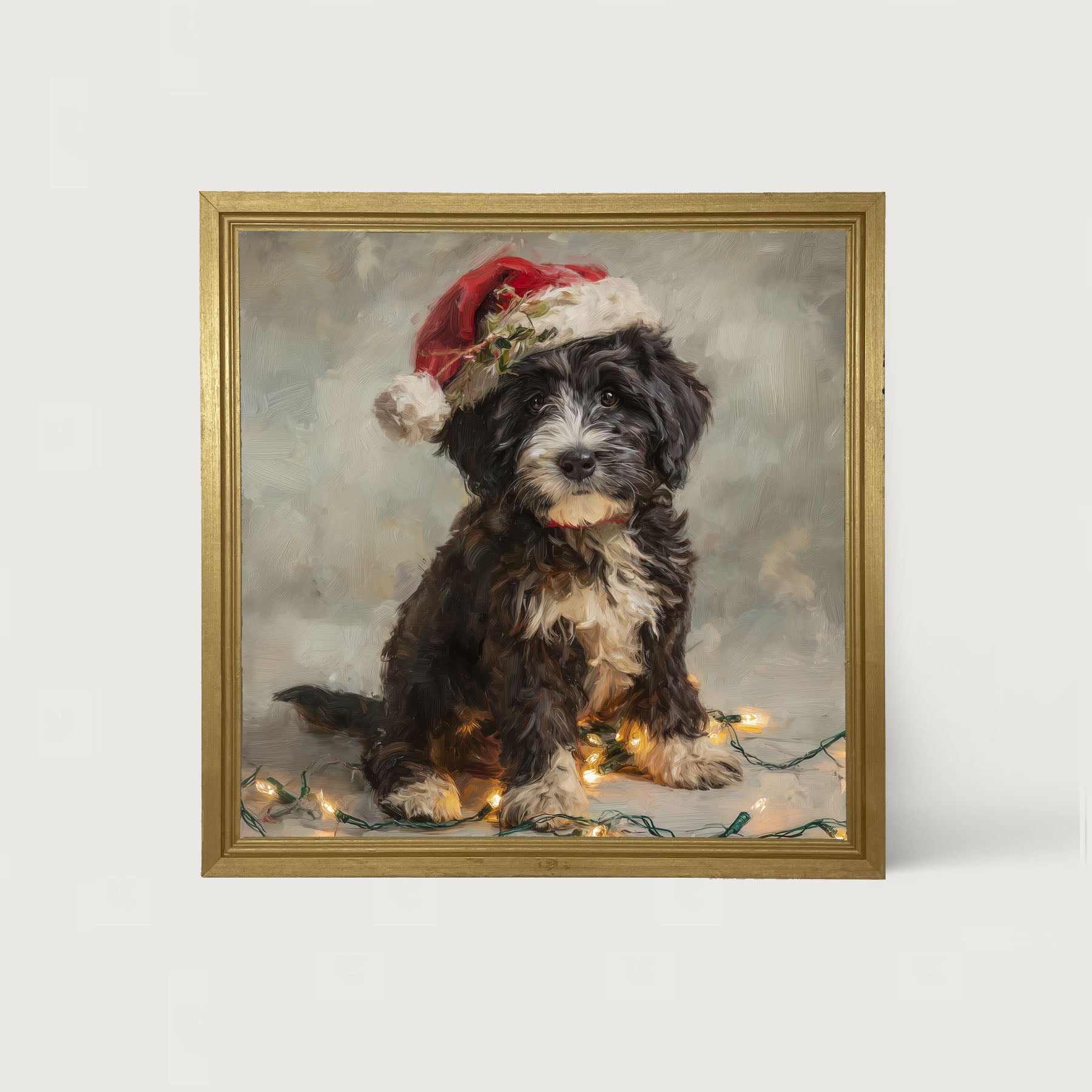 Christmas Lights with Furry Black and White Dog
