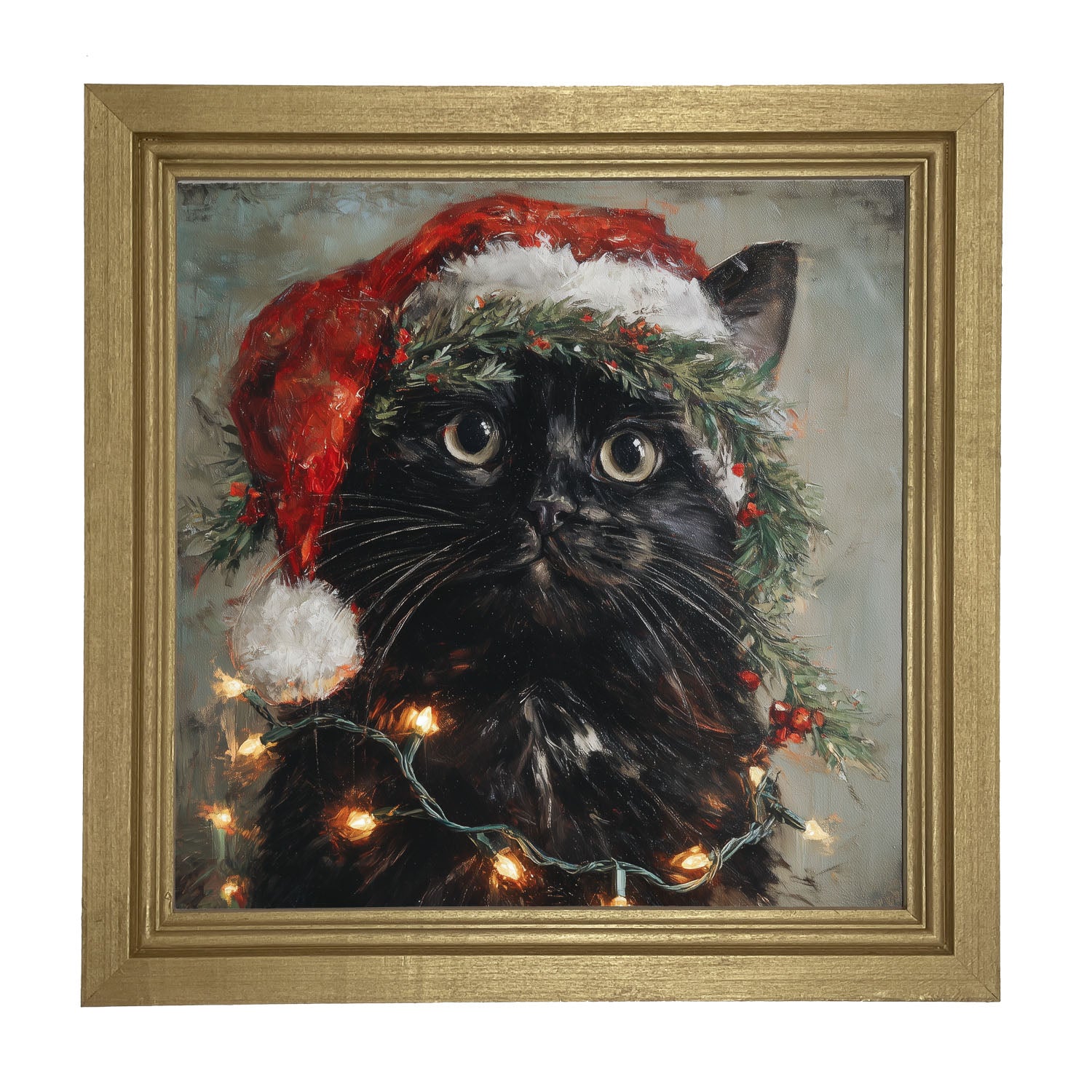 Christmas Lights with Black Cat - Framed art