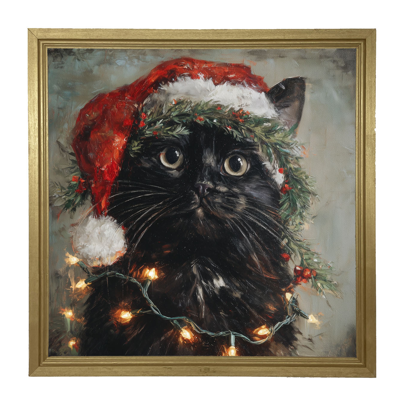 Christmas Lights with Black Cat - Framed art
