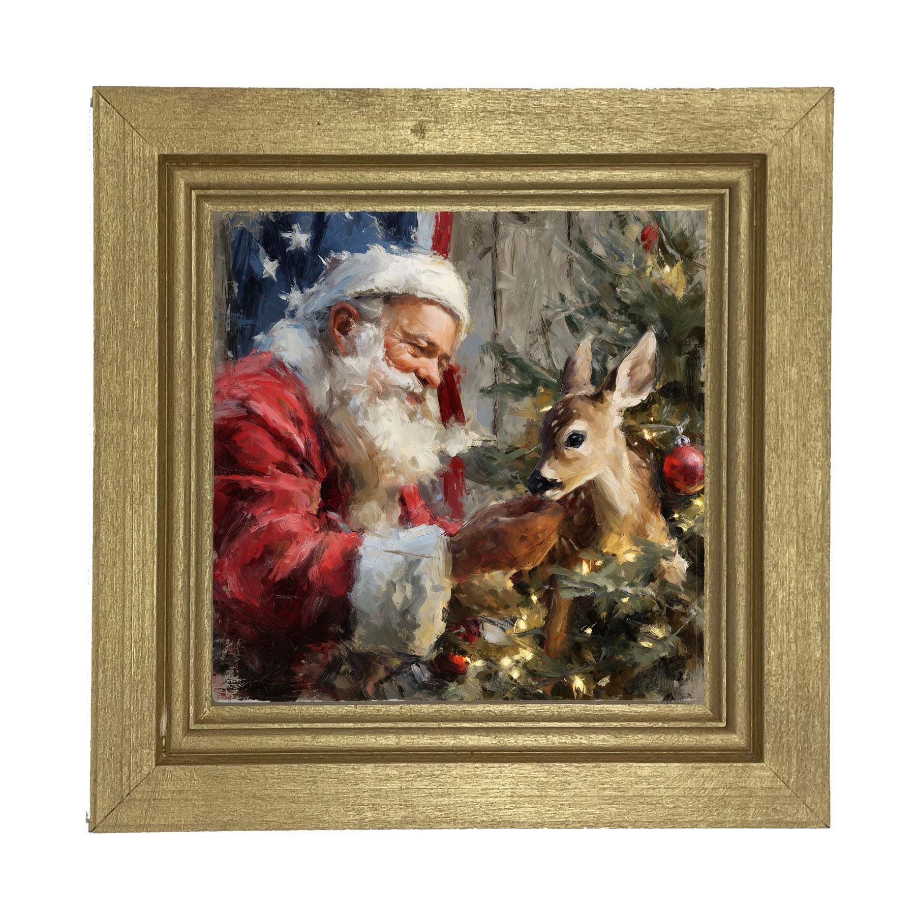 Santa and Deer with Flag - Framed Art