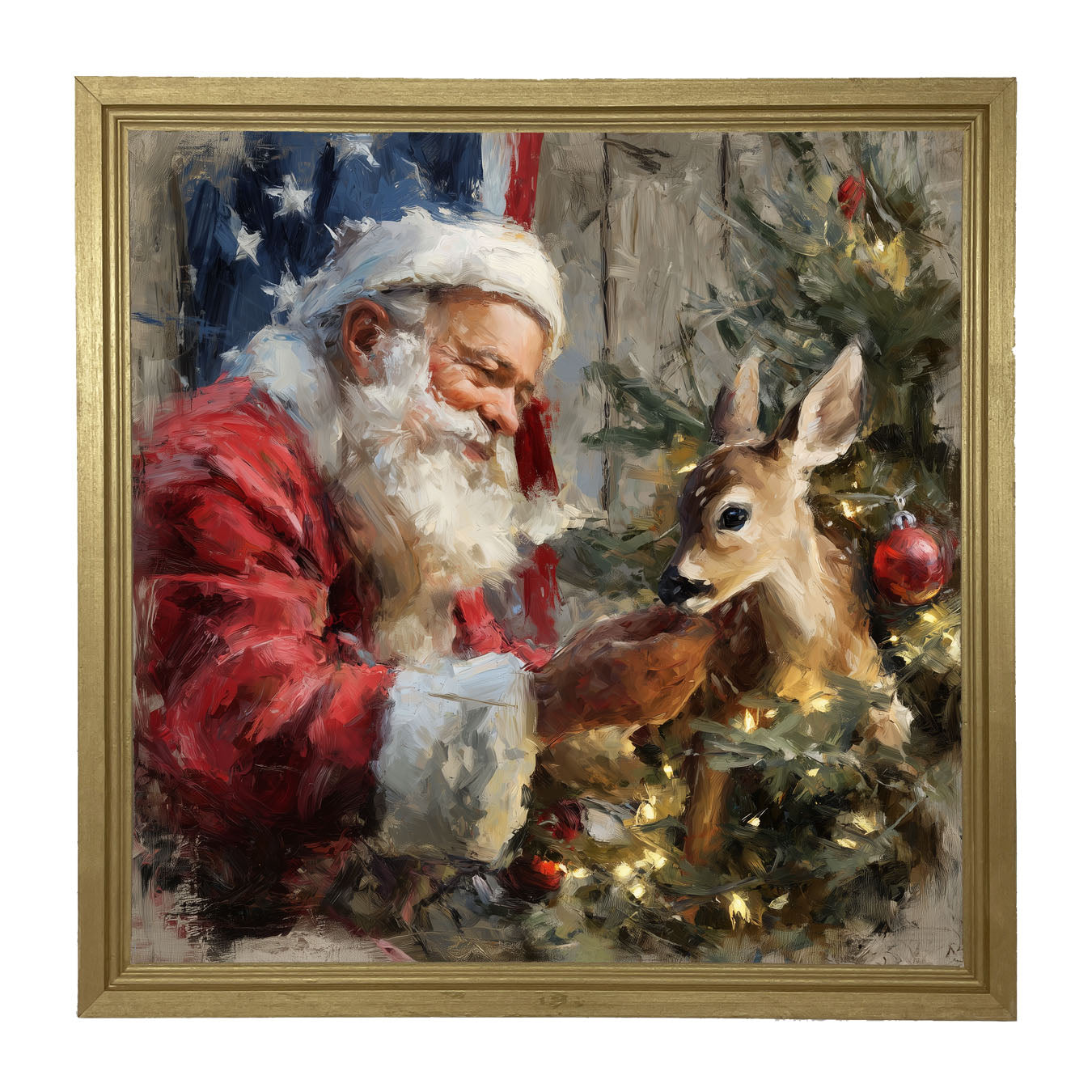 Santa and Deer with Flag - Framed Art