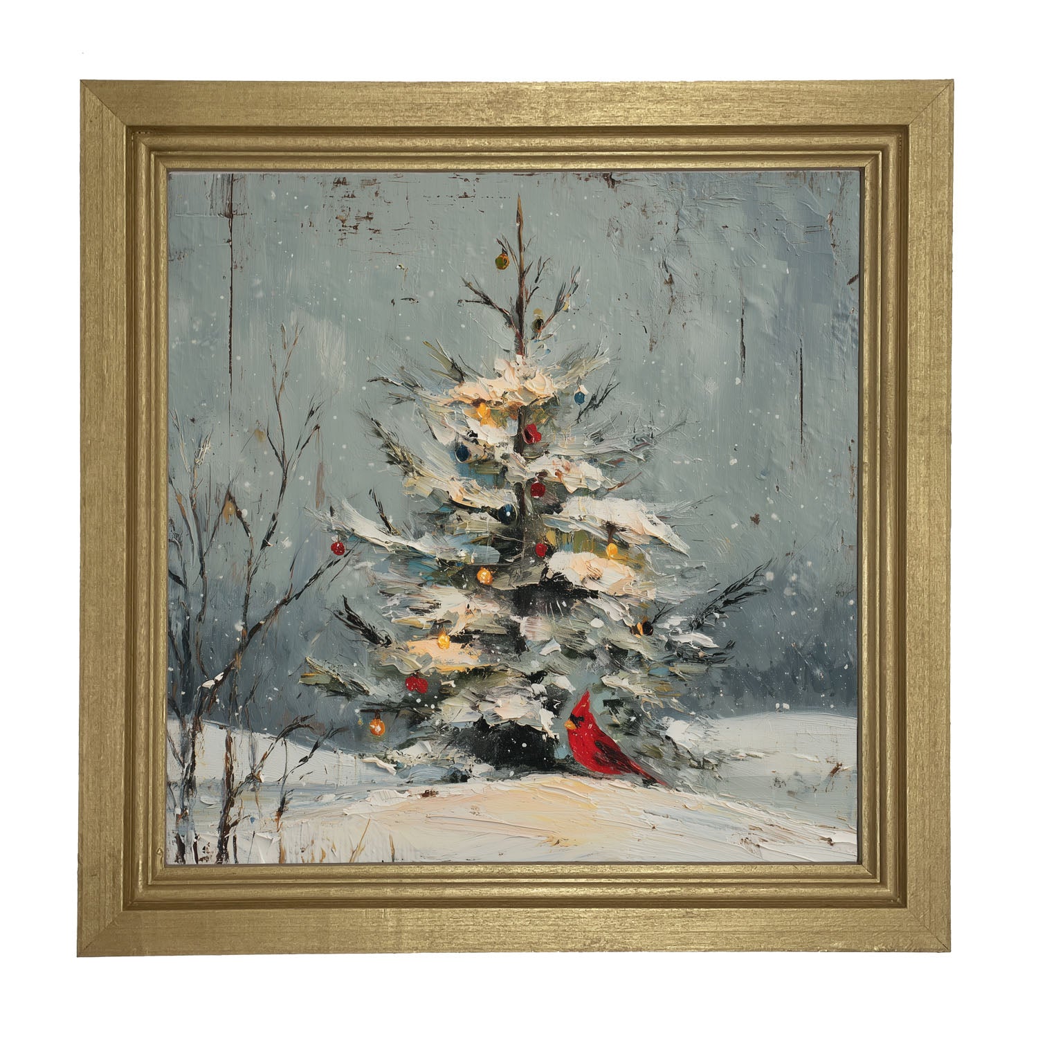Cardinal Under a Decorated Christmas Tree - Framed Art