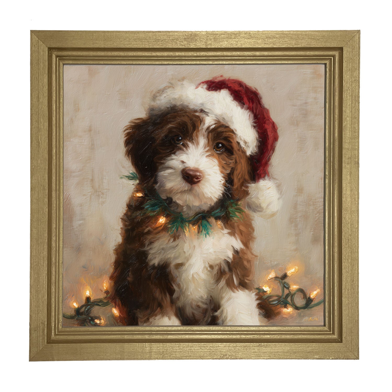 Christmas Lights with Brown and White Dog - Framed Art