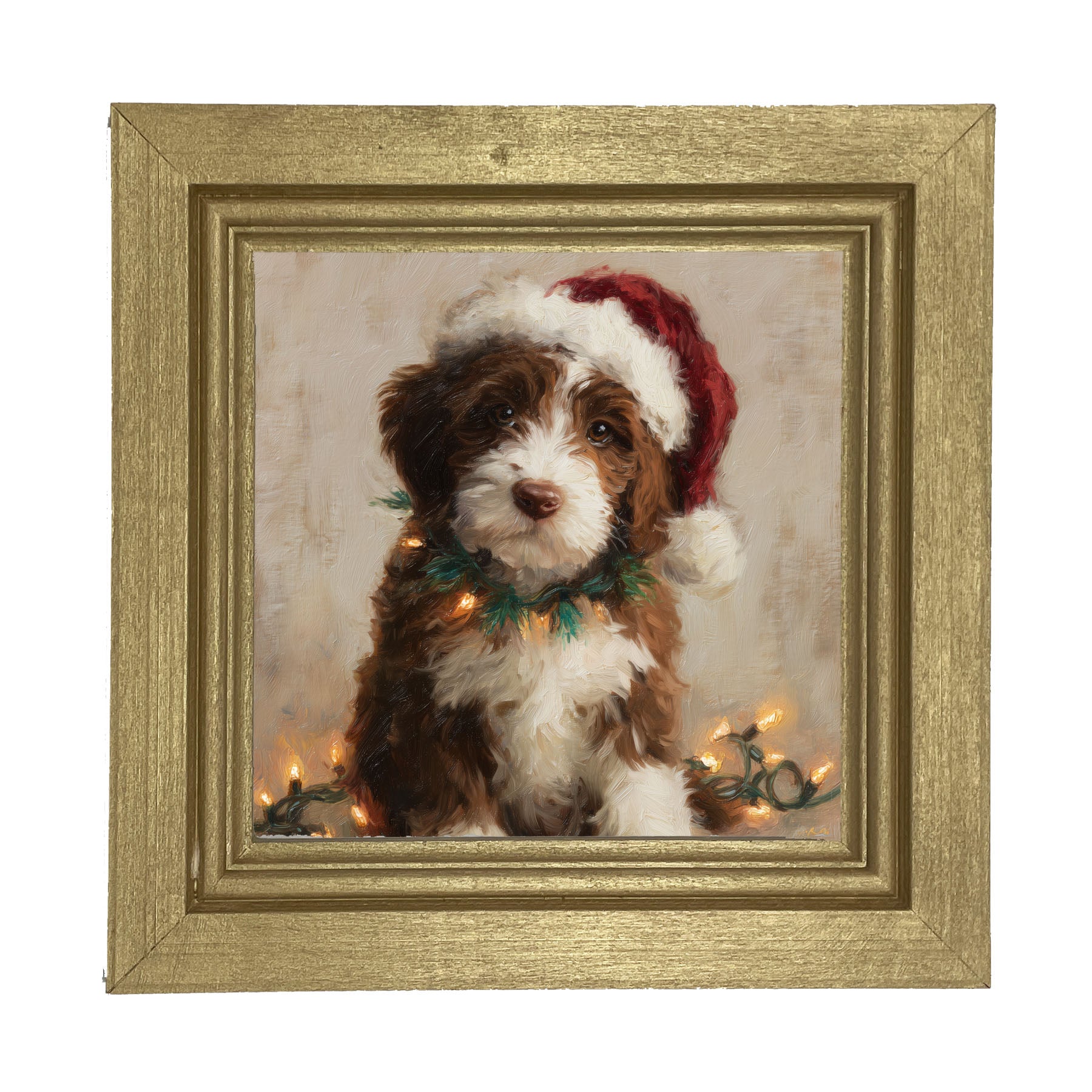 Christmas Lights with Brown and White Dog - Framed Art